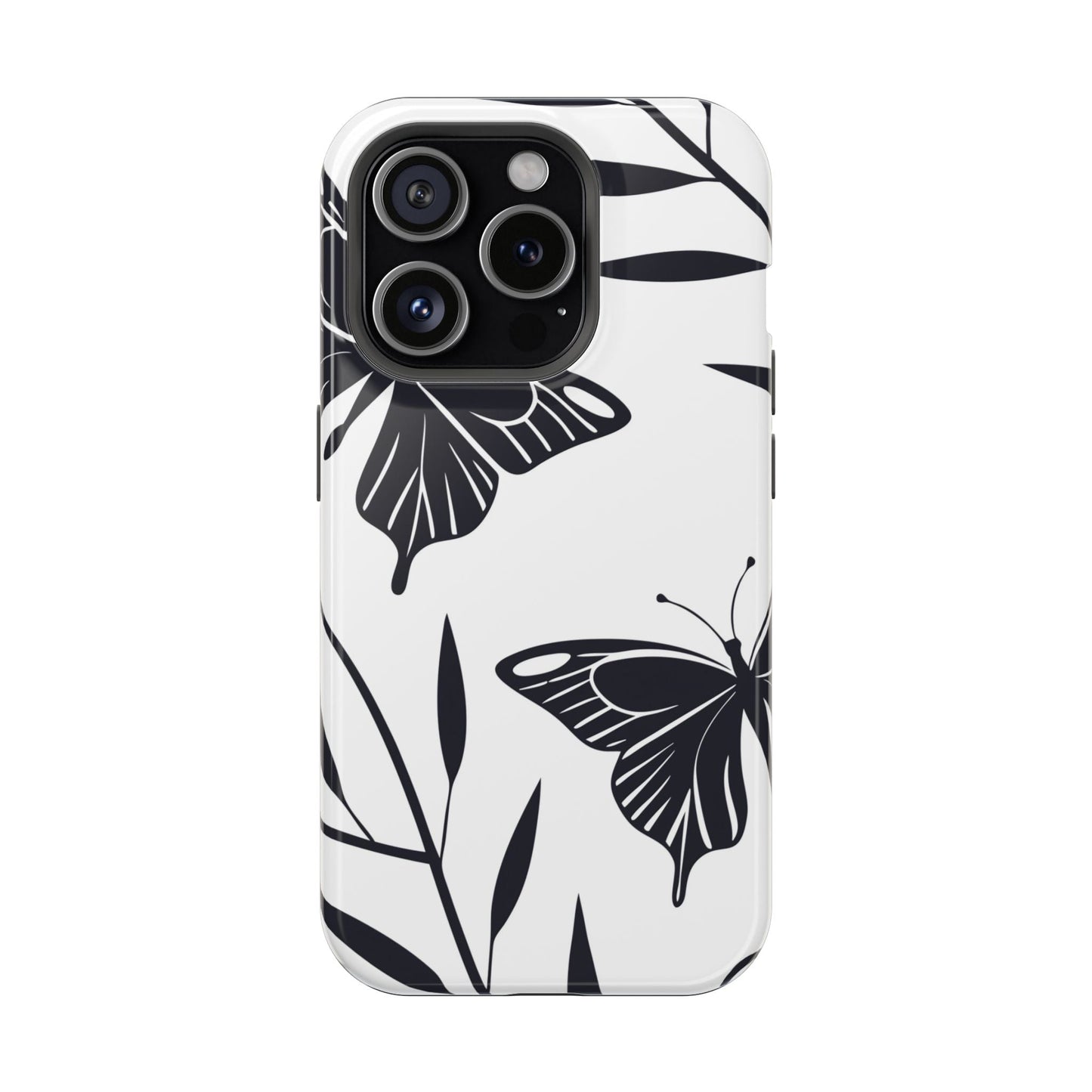 Black and white minimalist butterfly design iPhone case with MagSafe compatibility and durable protection