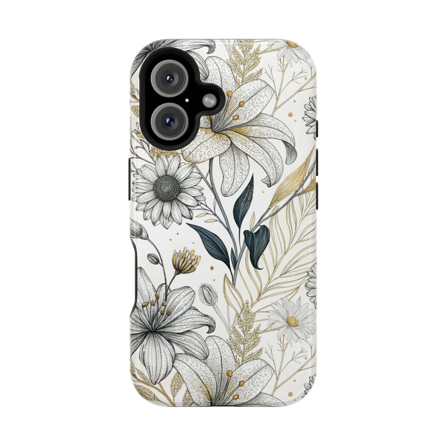 iPhone case with golden leaf flower design, tough polycarbonate and TPU protection, compatible with MagSafe accessories