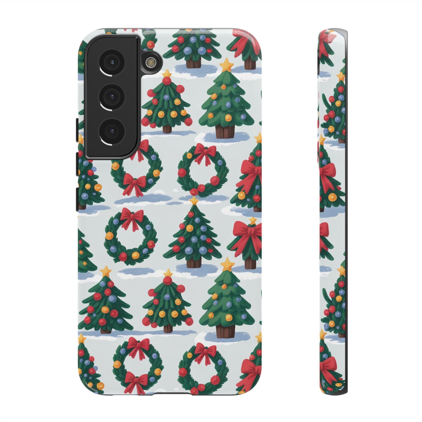 Samsung phone case with festive Holiday Wreath Tree pattern, Christmas decorations, and vibrant 3D print design