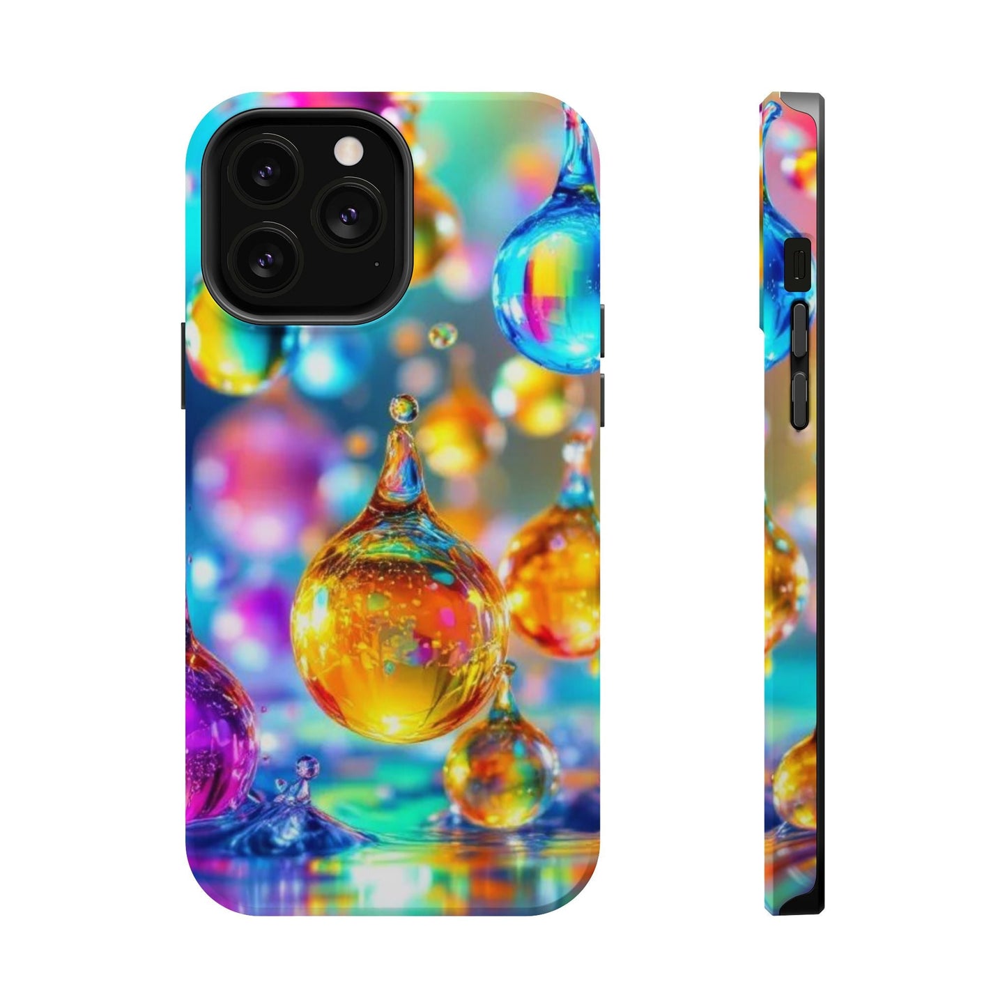 iPhone tough case with vibrant Golden Raindrop Design and MagSafe compatibility, featuring durable dual-layer protection and a colorful wrap-around print.