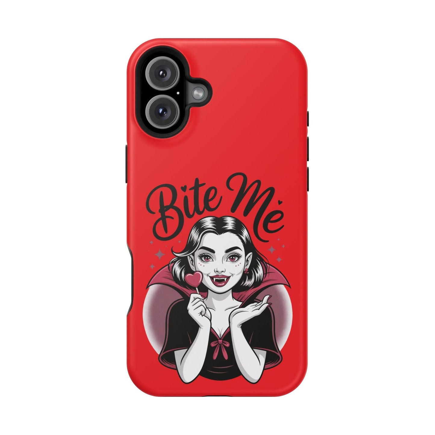 Halloween Vampire iPhone case with "Bite Me" vampire girl design on red background, durable tough protective shell, MagSafe compatible