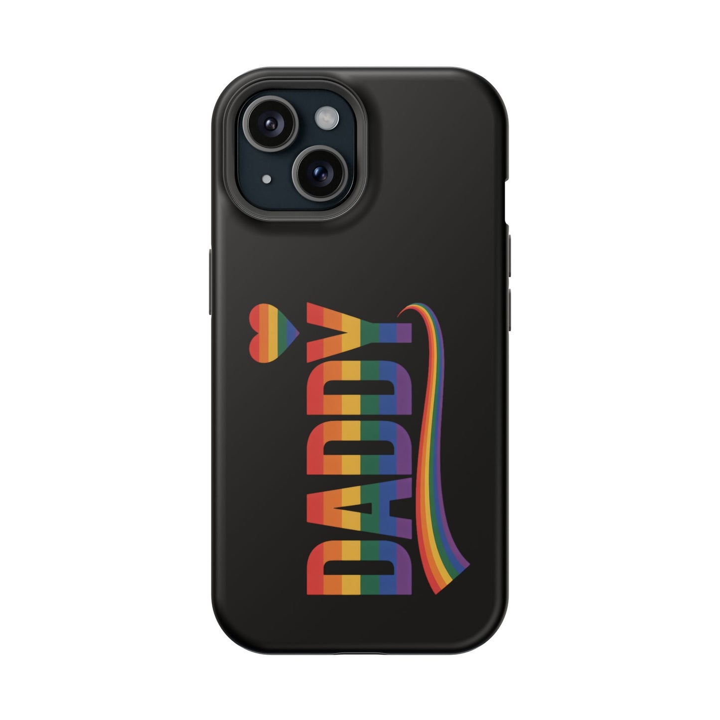 Black iPhone tough case with colorful Fun Daddy LGBT Daddy design and rainbow heart, MagSafe compatible