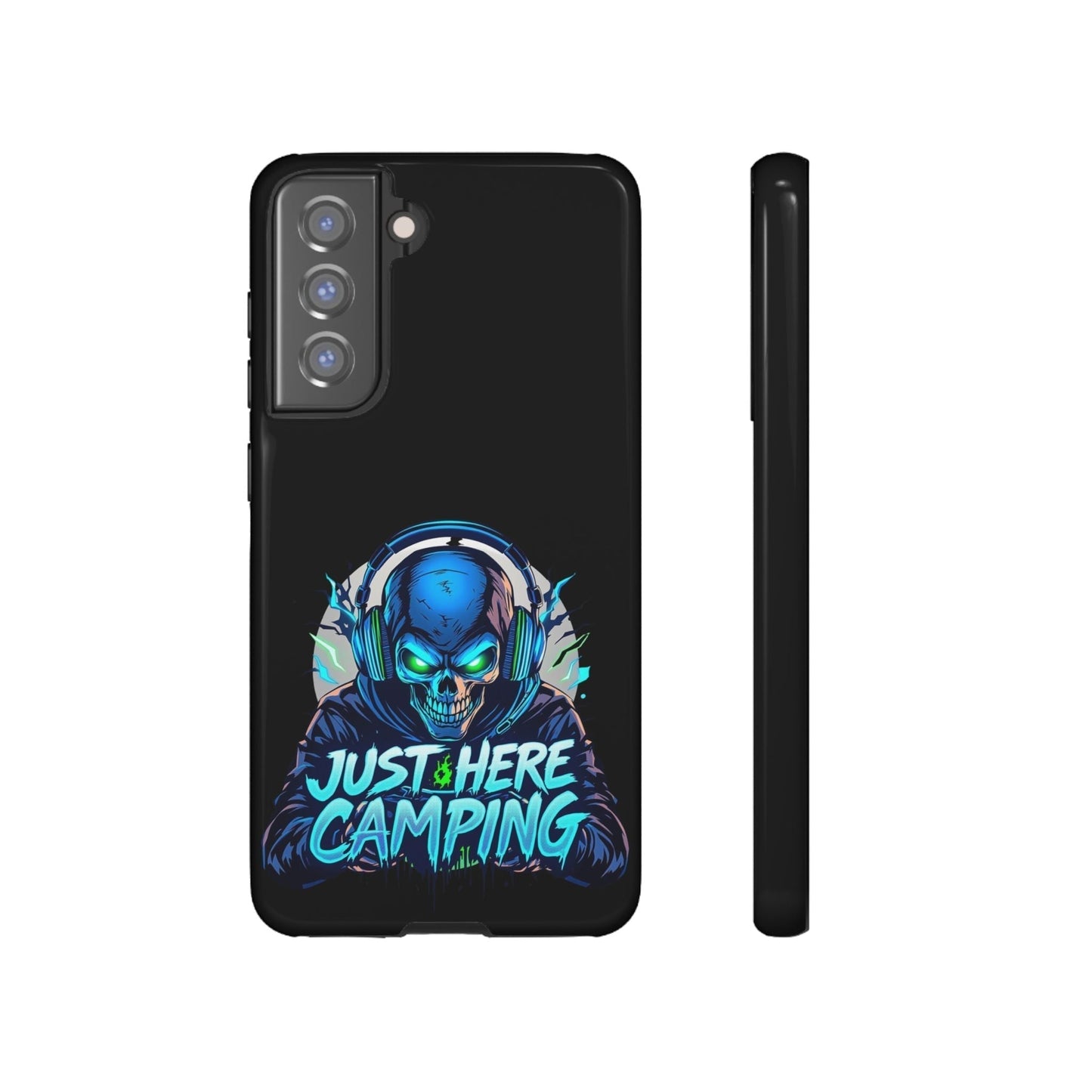 Black Samsung tough case with blue skull gamer design and "Just Here Camping" text, protective gaming enthusiasts case.