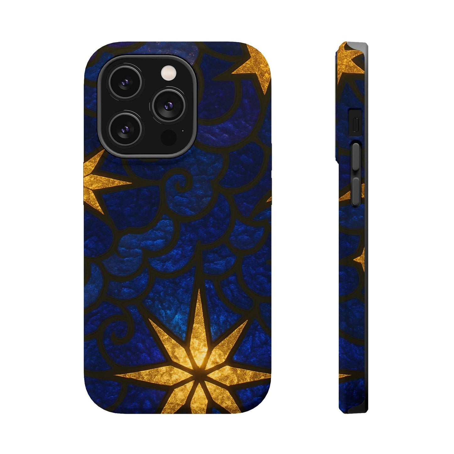 iPhone tough case with golden star design on blue background, durable dual-layer protective cover with MagSafe compatibility