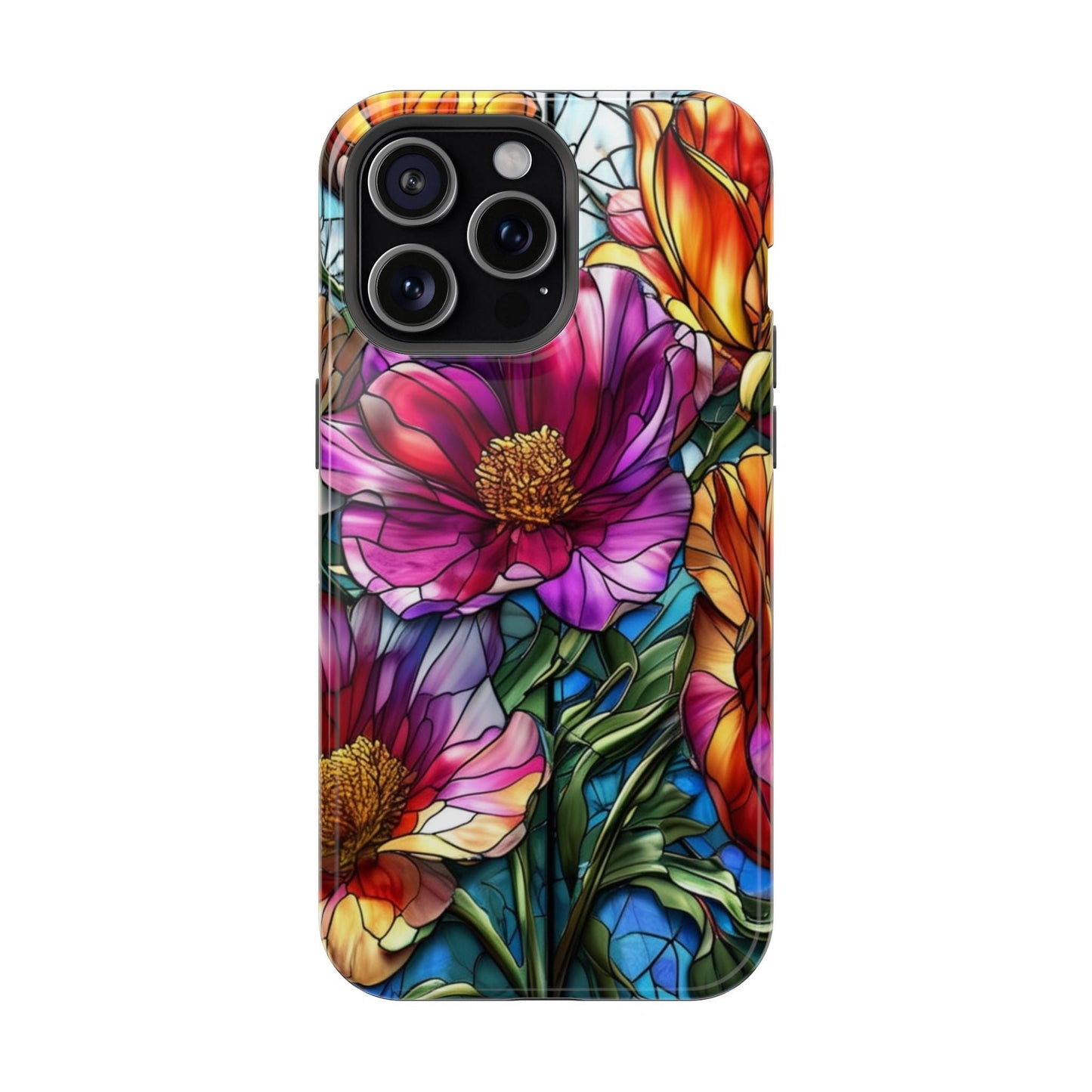 Vibrant purple flower iPhone case with detailed floral design, durable polycarbonate with TPU liner, MagSafe compatible, glossy finish
