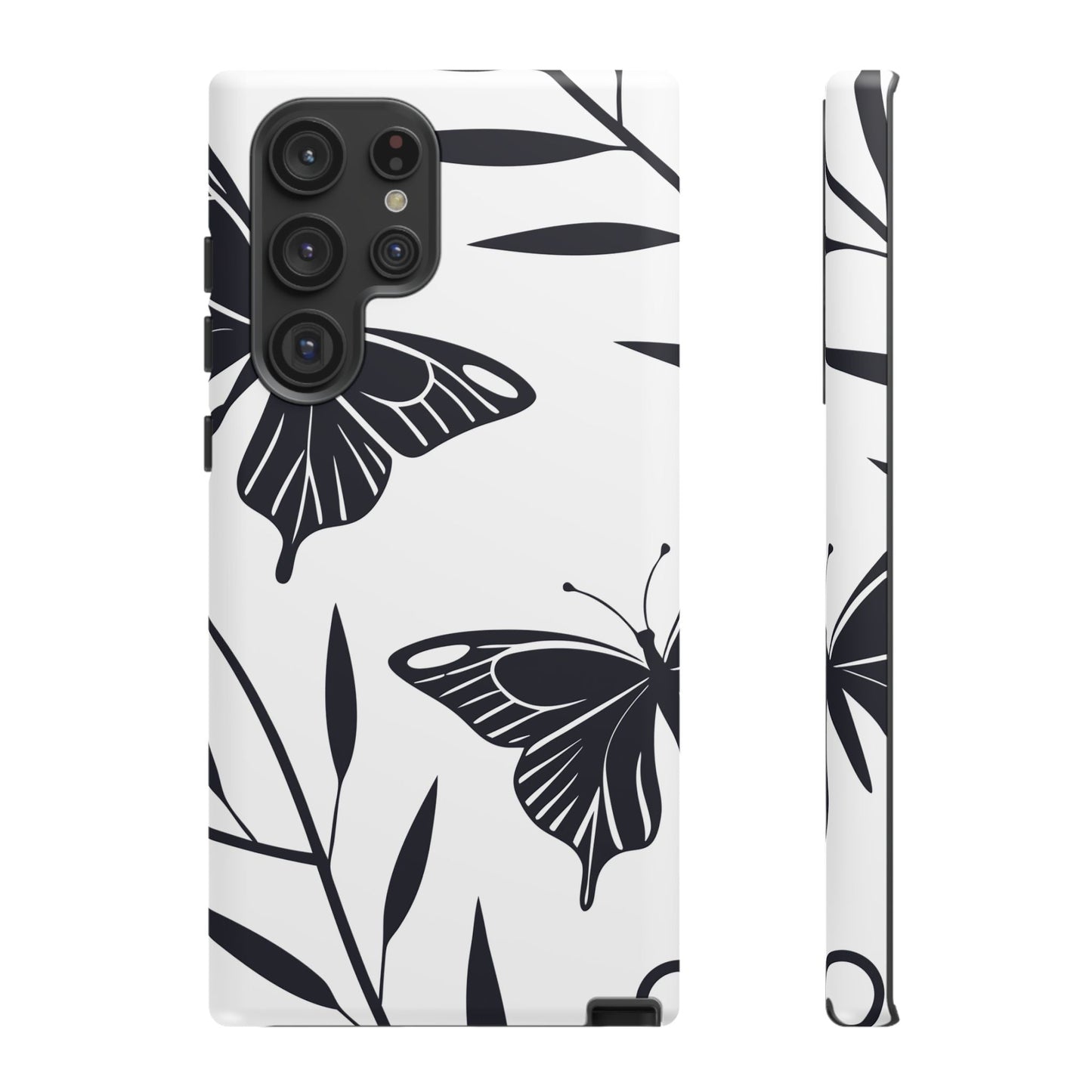 Black and white butterfly minimalist Samsung tough phone case with floral design