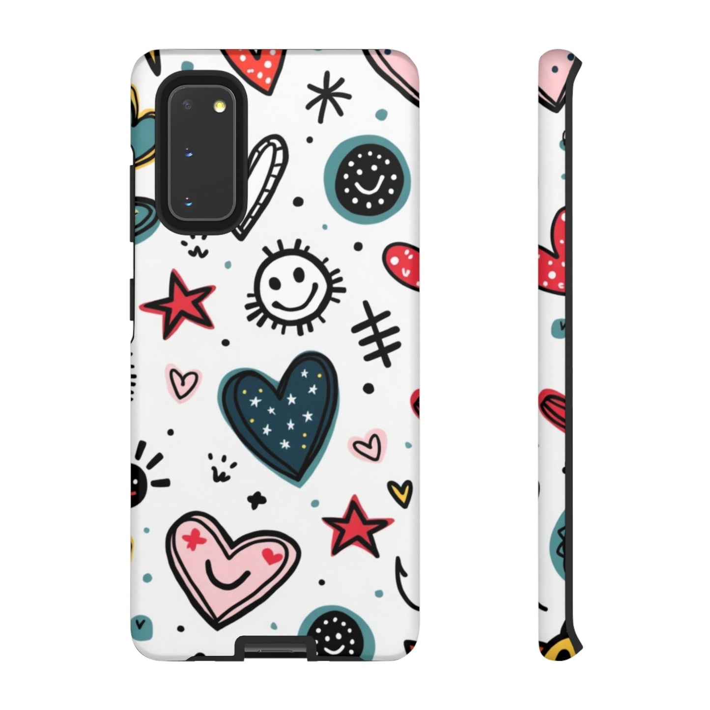 Samsung phone case with playful smiles and colorful hearts design, durable and shock-absorbent, for Samsung Galaxy models.