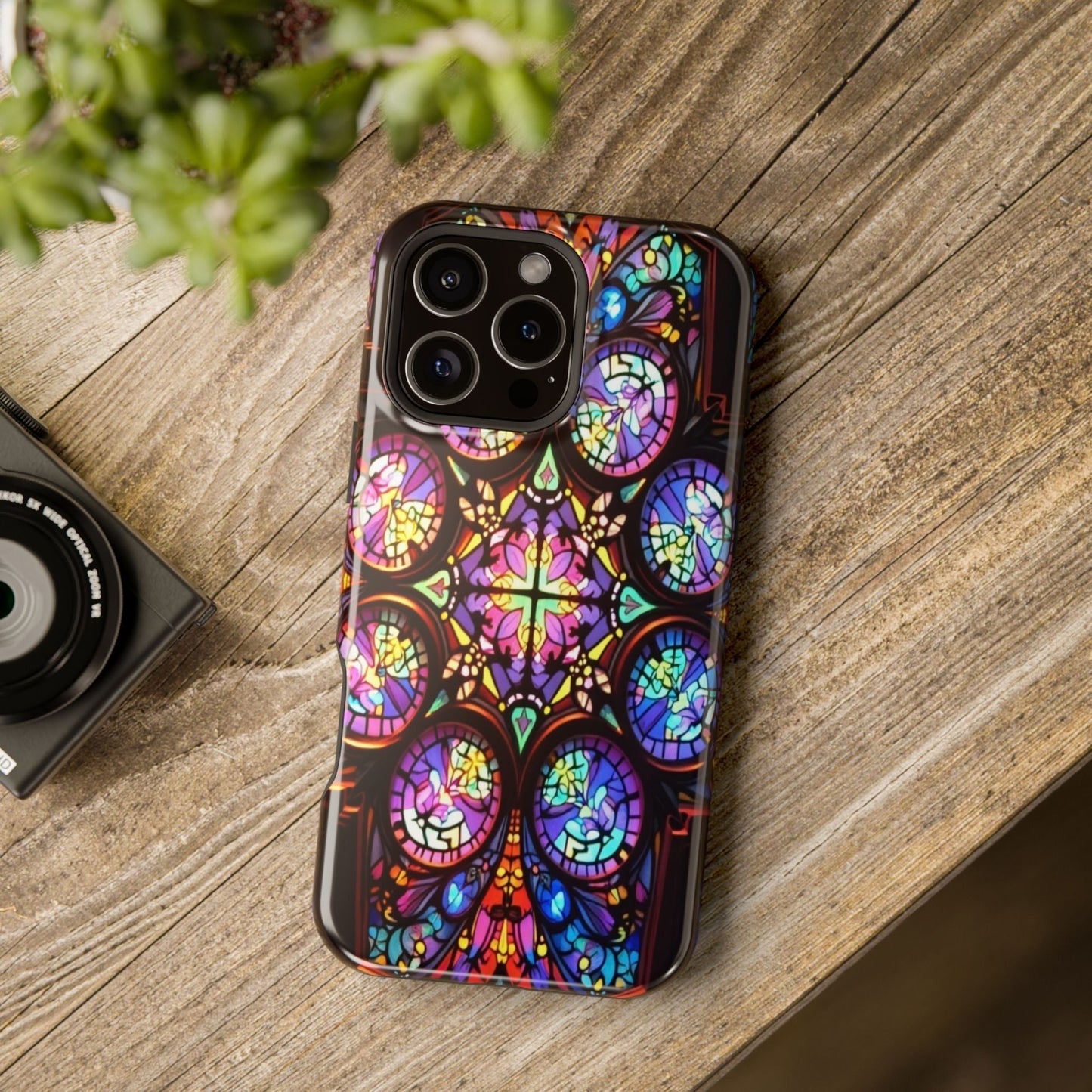 iPhone tough case with colorful hypnotic stained glass design and MagSafe compatibility
