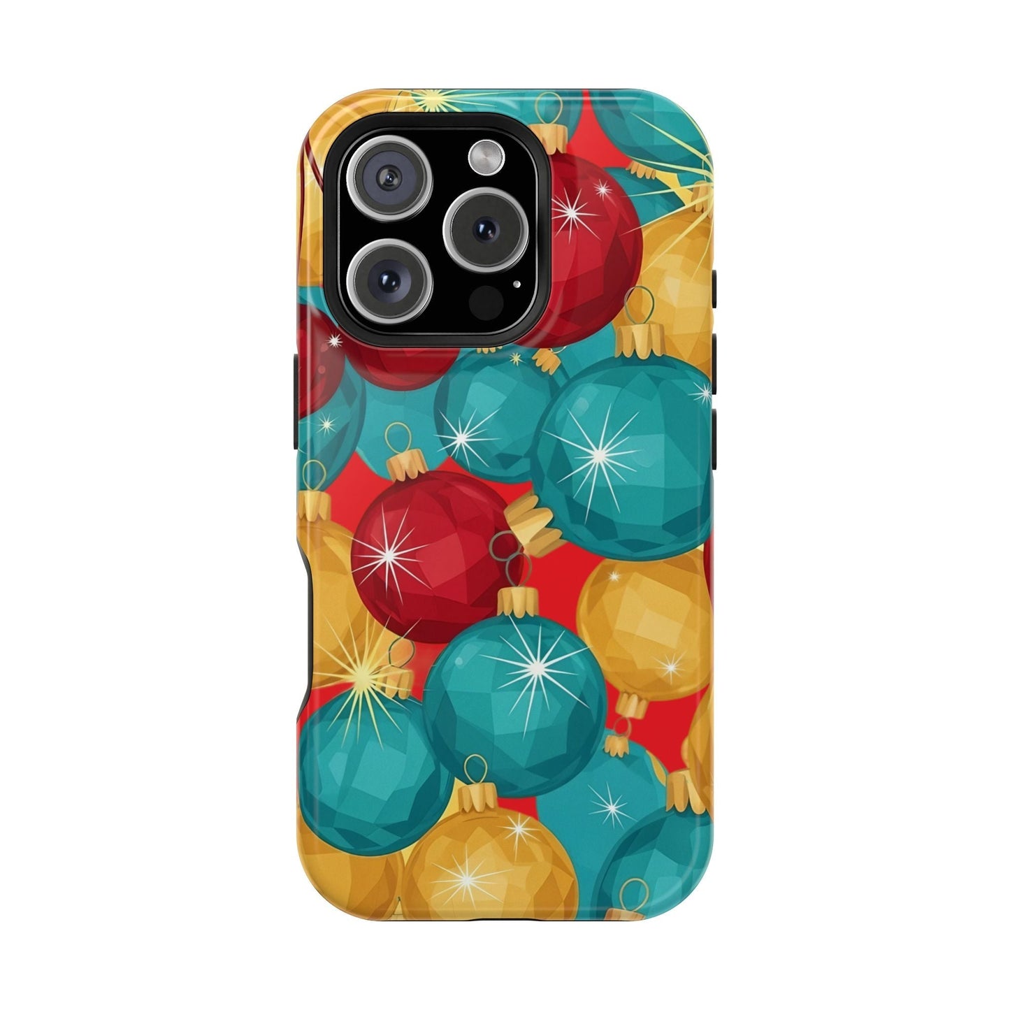 iPhone case with Christmas Tree Sparkle Bulbs design in vibrant red, teal, and gold colors, glossy finish and MagSafe compatible