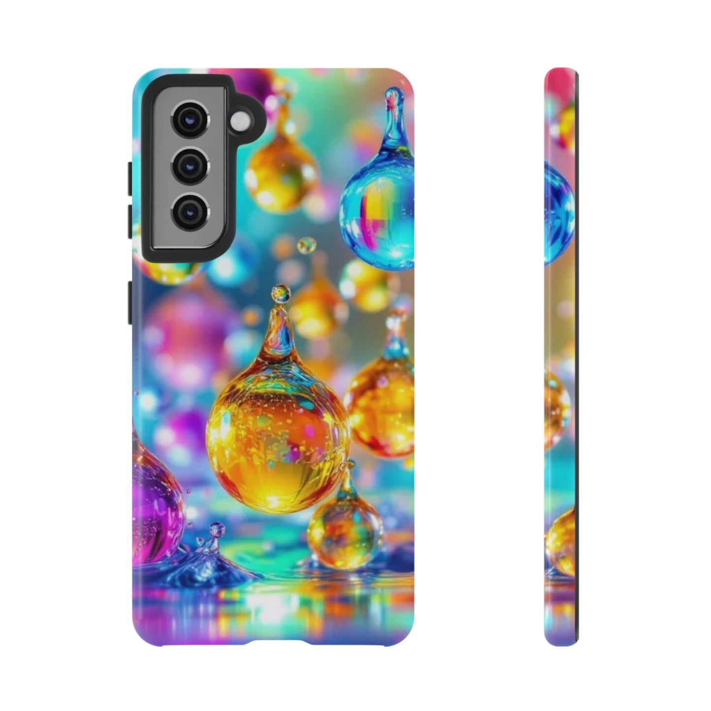 Samsung phone case with vibrant 3D golden raindrop design, durable and shock-absorbing protection for Galaxy models