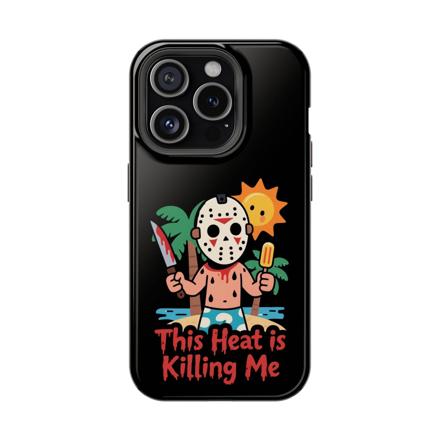 Black phone case with a summerween-inspired cartoon of a masked character holding a popsicle and bloody knife with the text "This Heat is Killing Me"