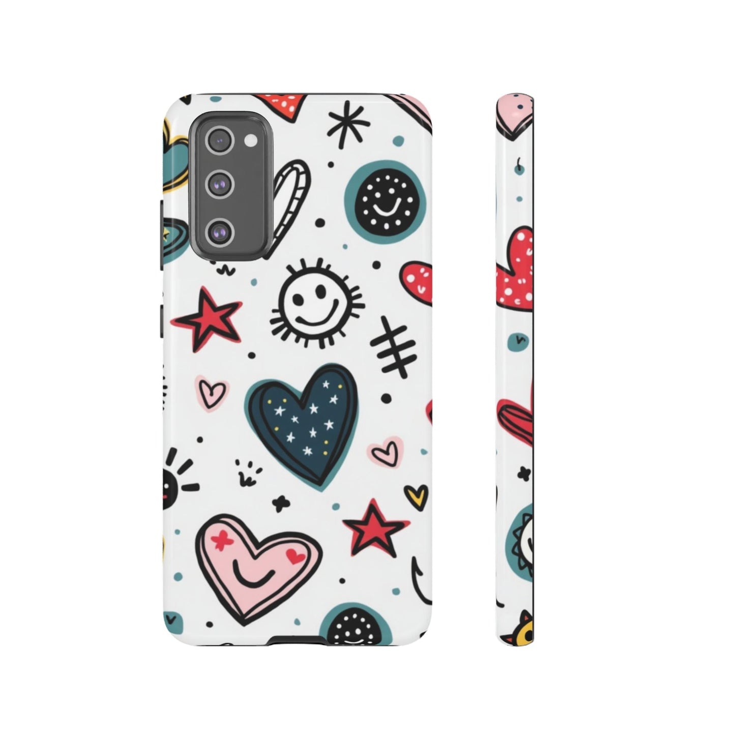 Smiles and Hearts Samsung phone case with durable shock-absorbent design and playful heart and smiley pattern