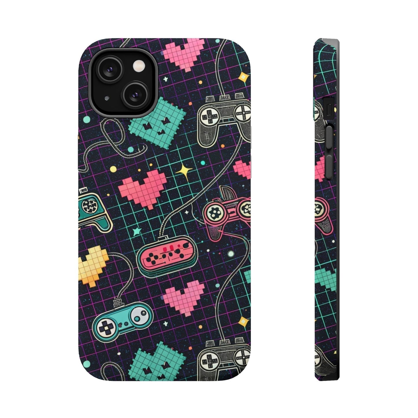 Retro Gamer Inspired durable dual-layer iPhone case with pixel art controllers and hearts, MagSafe compatible.