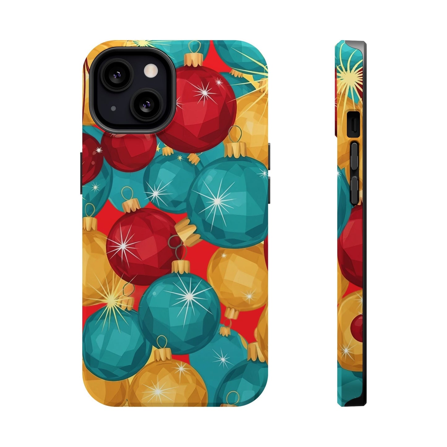 iPhone case with colorful Christmas Tree Sparkle Bulbs design, dual-layer protection, MagSafe compatible, matte or glossy finish
