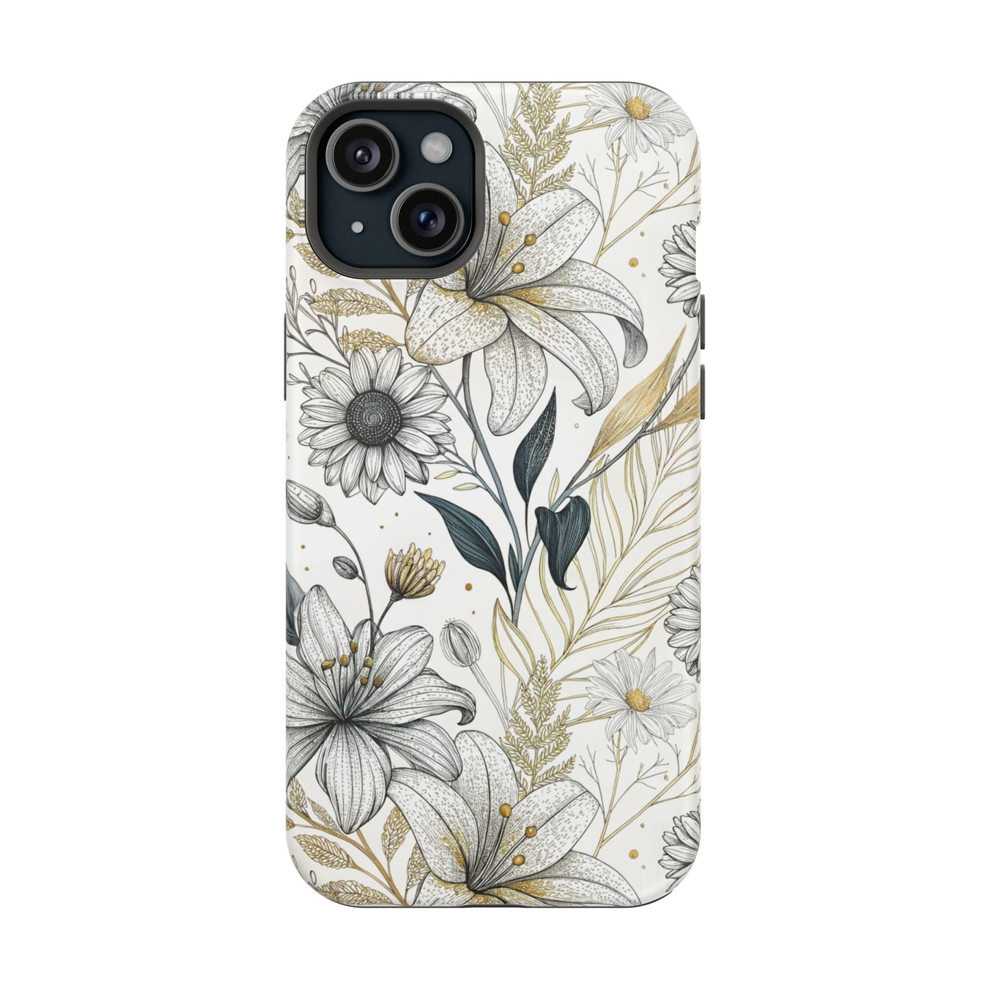 Golden Leaf Flower modern minimalist tough iPhone case with durable dual-layer protection and MagSafe compatibility