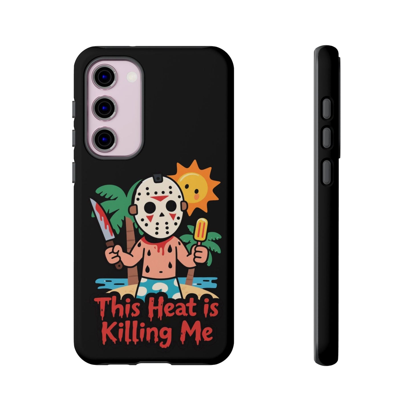 Samsung phone case with "This Heat is Killing Me" Summerween design featuring a cartoon masked character holding a knife and popsicle under the sun, durable and shock-resistant.