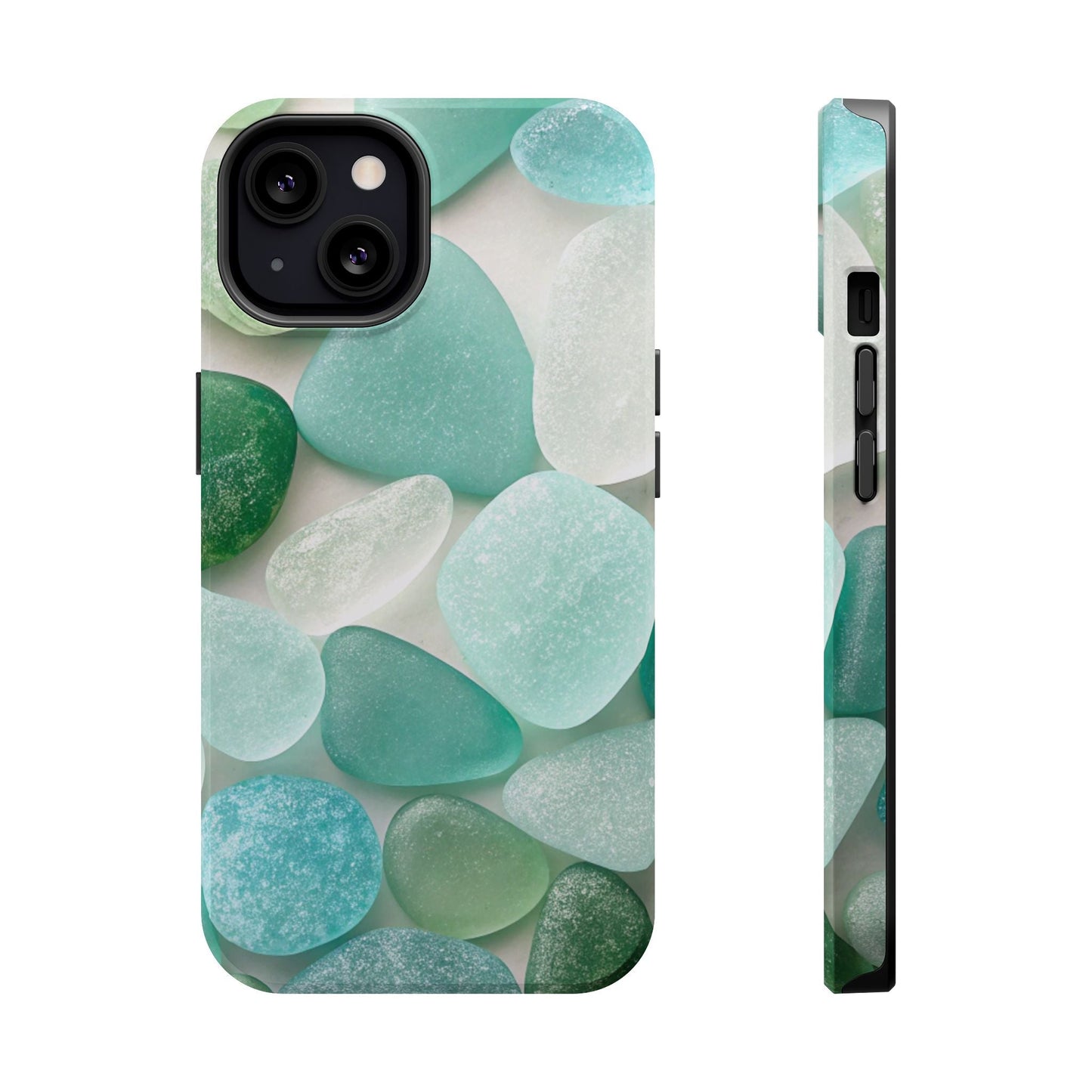iPhone case with sea glass inspired design featuring calming blue and green tones, durable polycarbonate and TPU build, MagSafe compatible