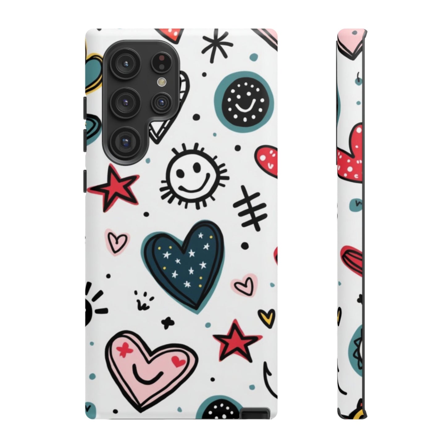 Samsung phone case with playful smiles and hearts design, shock-absorbent and durable for Galaxy S series models.