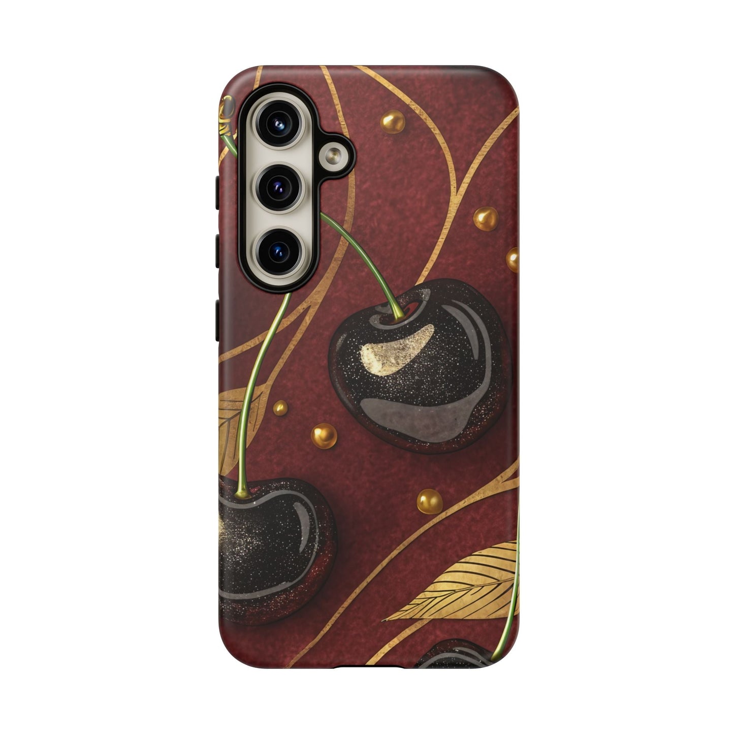 Golden Cherry Samsung Tough Case with 3D cherry design, durable protective cover for Samsung phones against drops and scratches