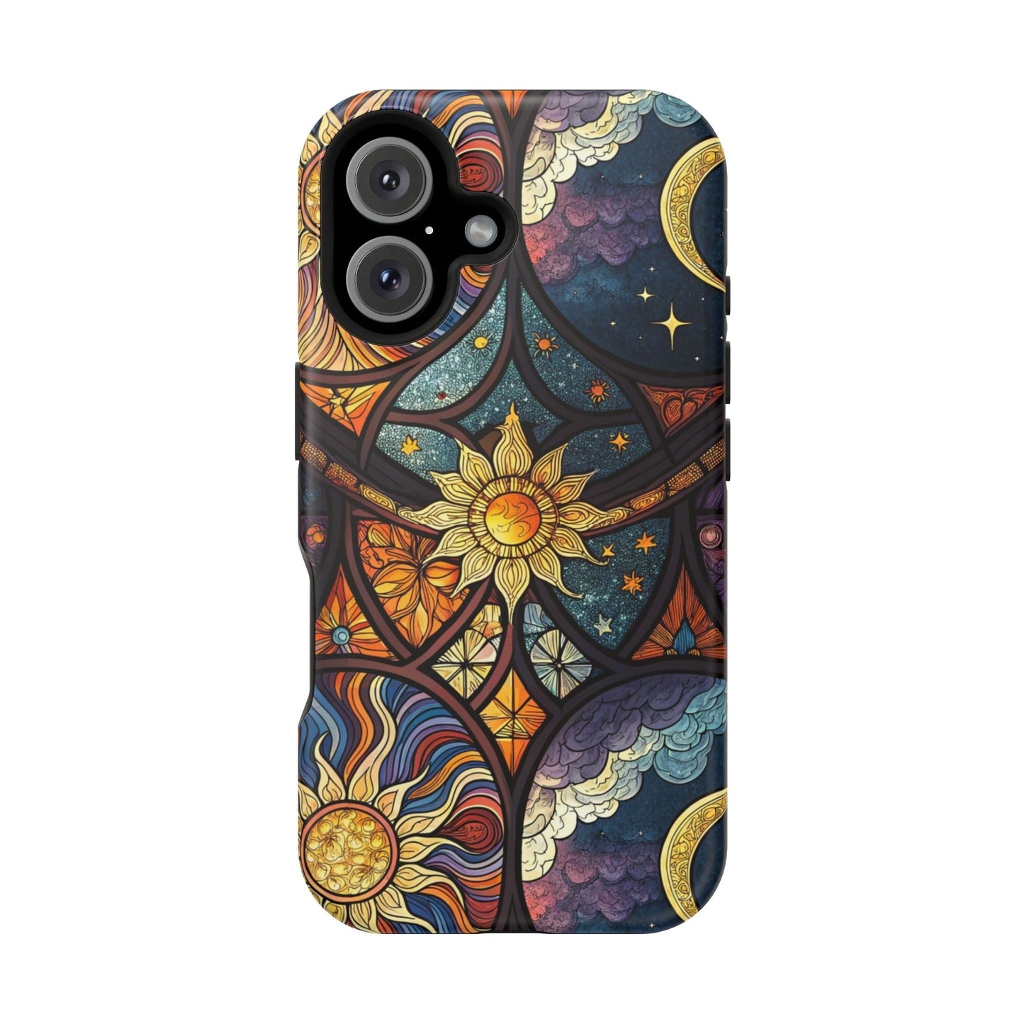 Sun and Moon iPhone case with cosmic celestial design in vibrant colors, tough dual-layer protection, and MagSafe compatibility.