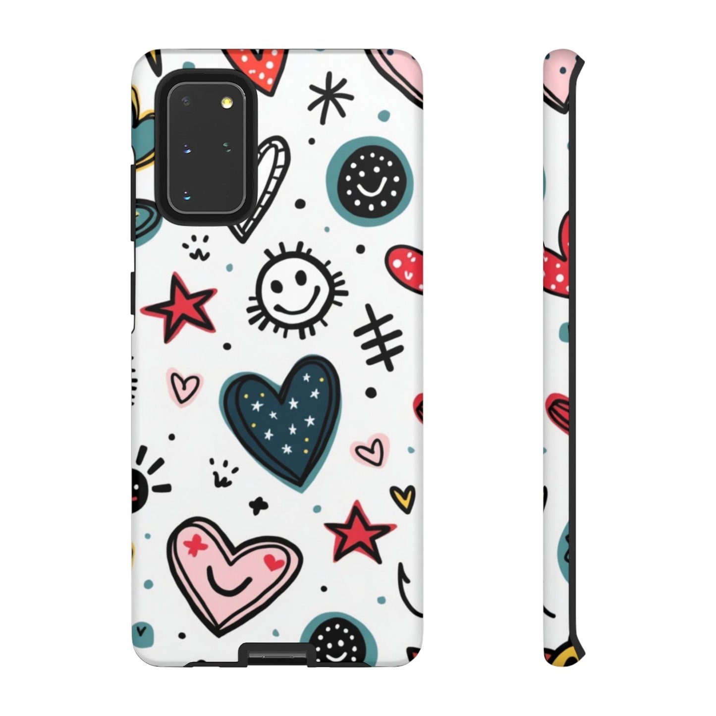 Samsung Tough Phone Case with playful smiles and hearts pattern on white background, durable and shock-absorbent design for Samsung Galaxy models
