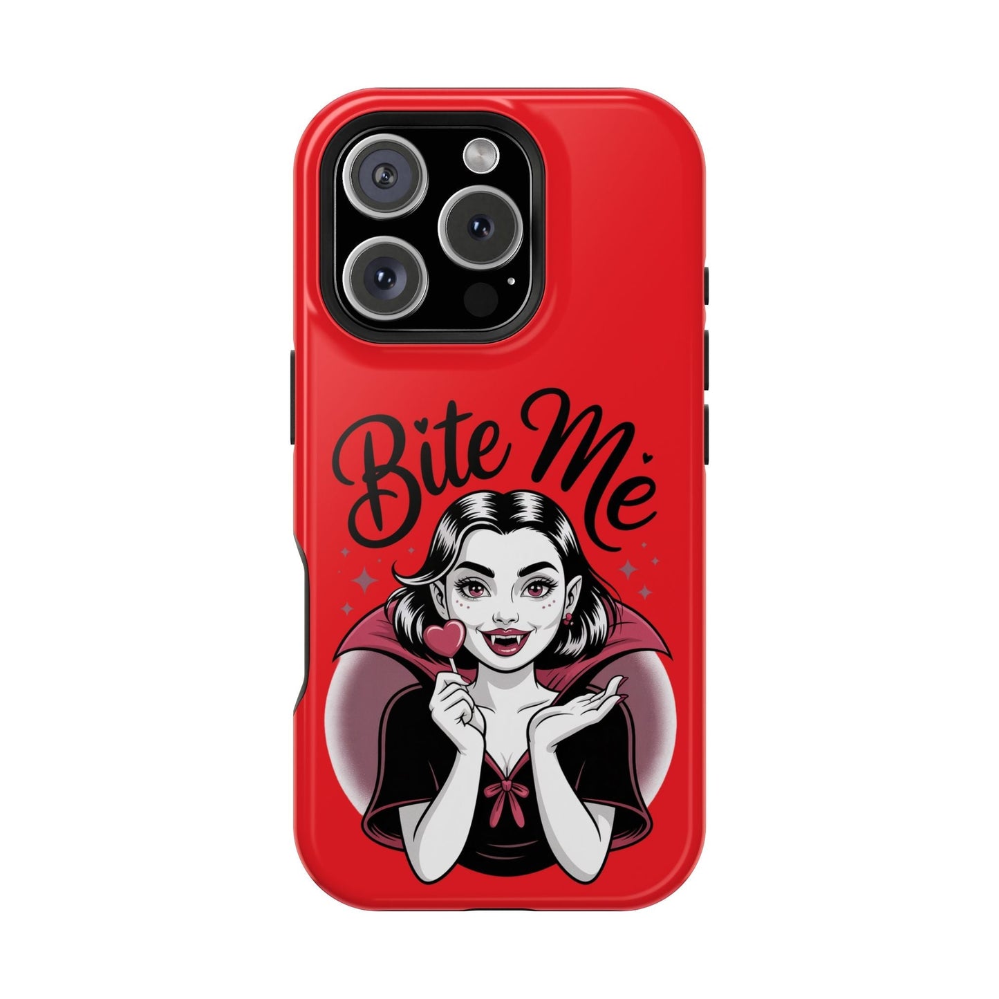 Red Halloween Vampire iPhone case with "Bite Me" text and cartoon vampire girl holding a heart lollipop, MagSafe compatible.