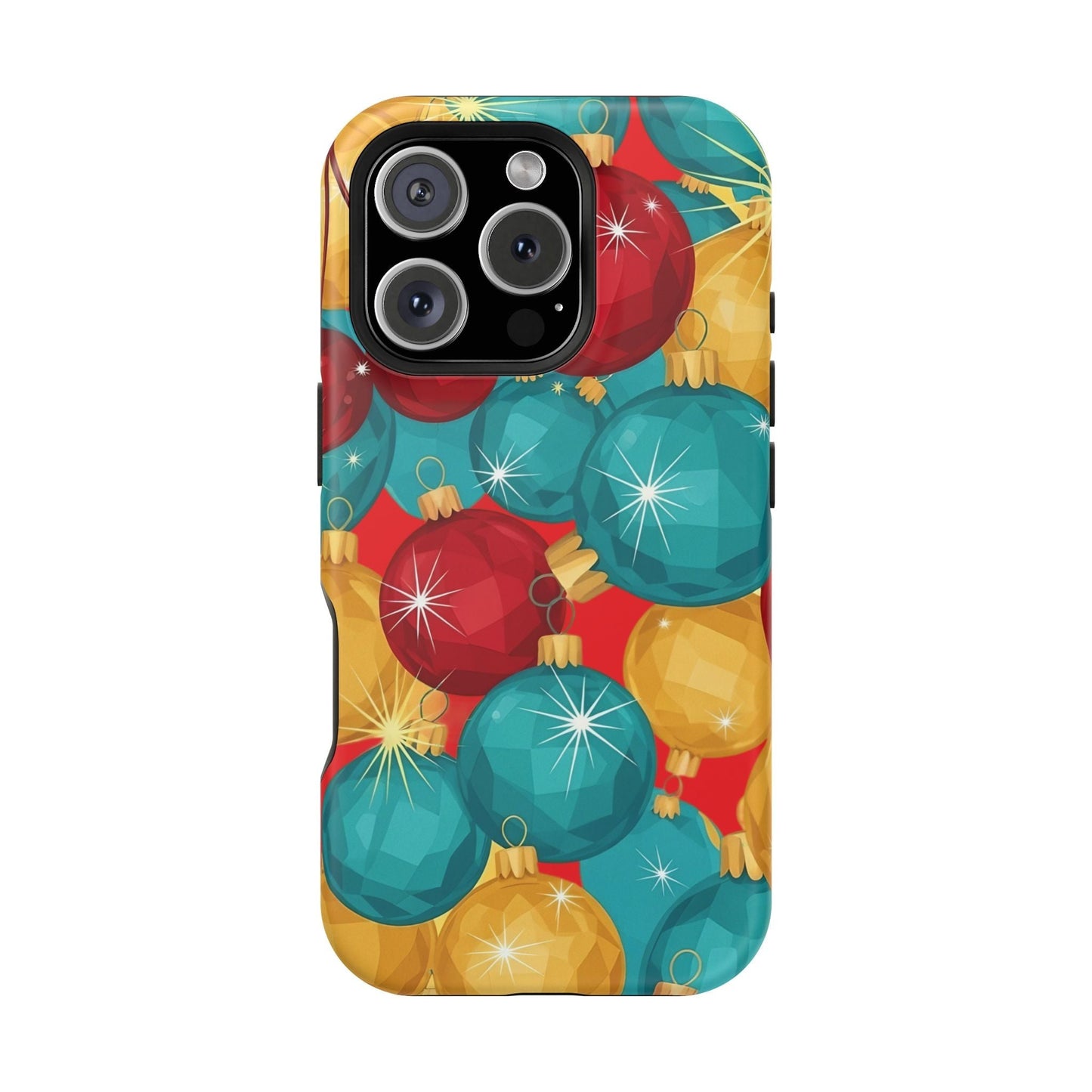 iPhone case with Christmas Tree Sparkle Bulbs design in vibrant red, blue, and gold colors, durable dual-layer protection and MagSafe compatible