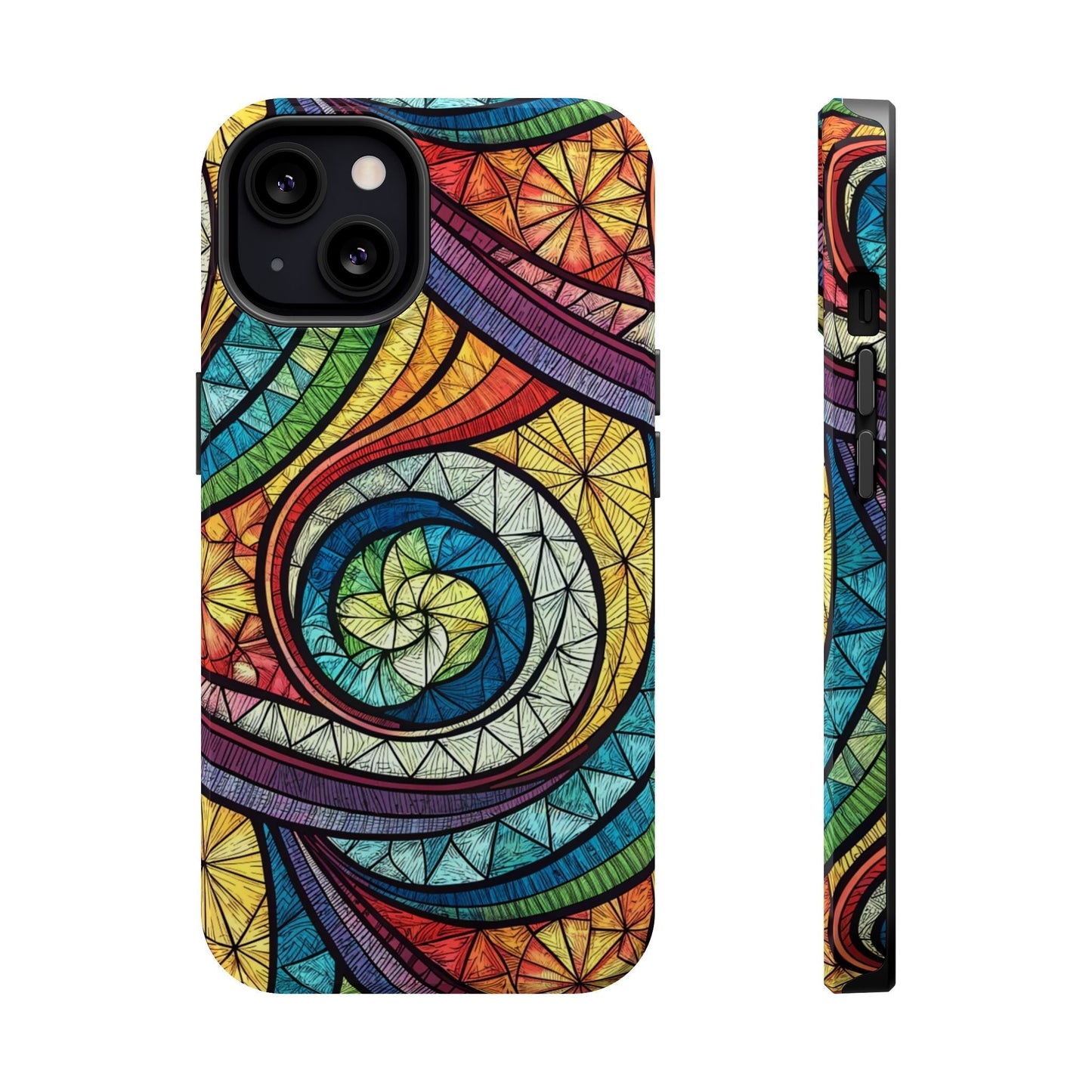 Stained glass inspired rainbow swirl iPhone case with vibrant artistic design and MagSafe compatibility