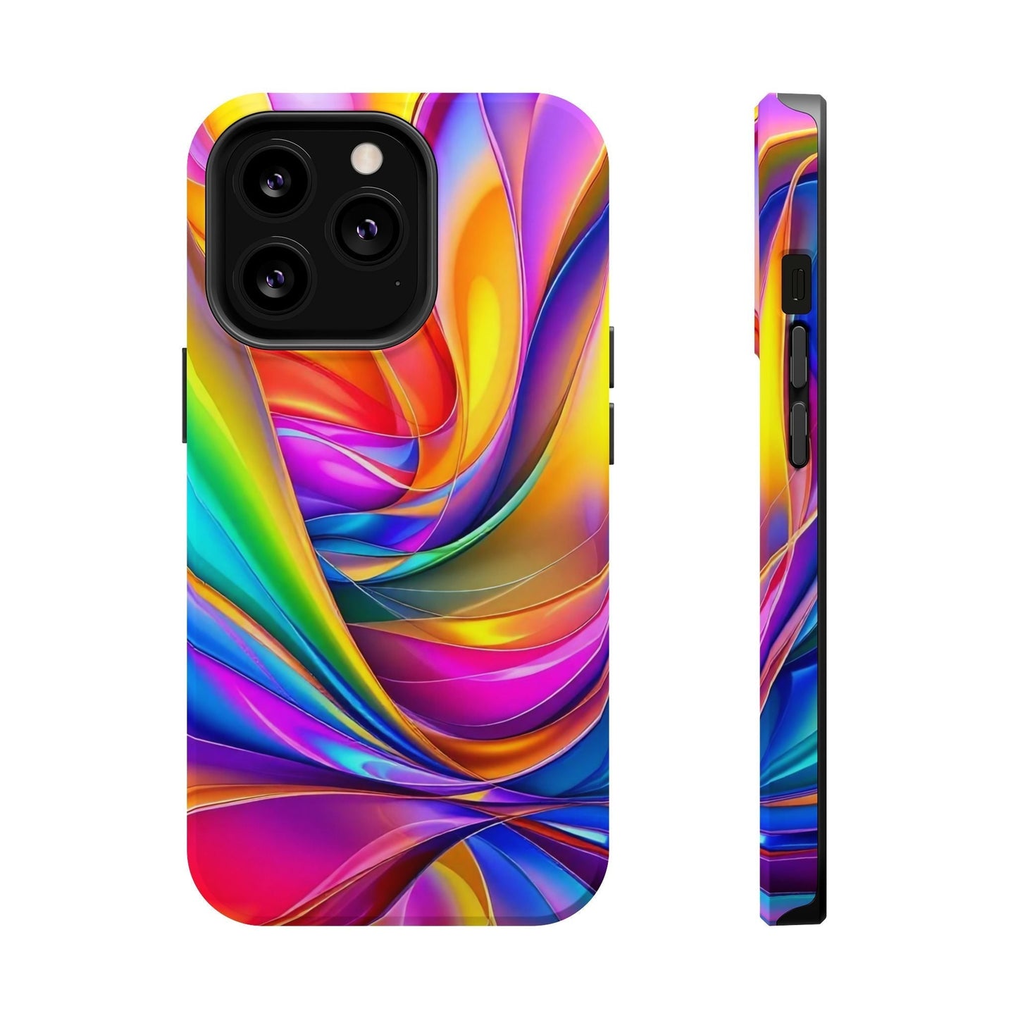 iPhone tough case with vibrant deconstructed rainbow wave design and MagSafe compatibility