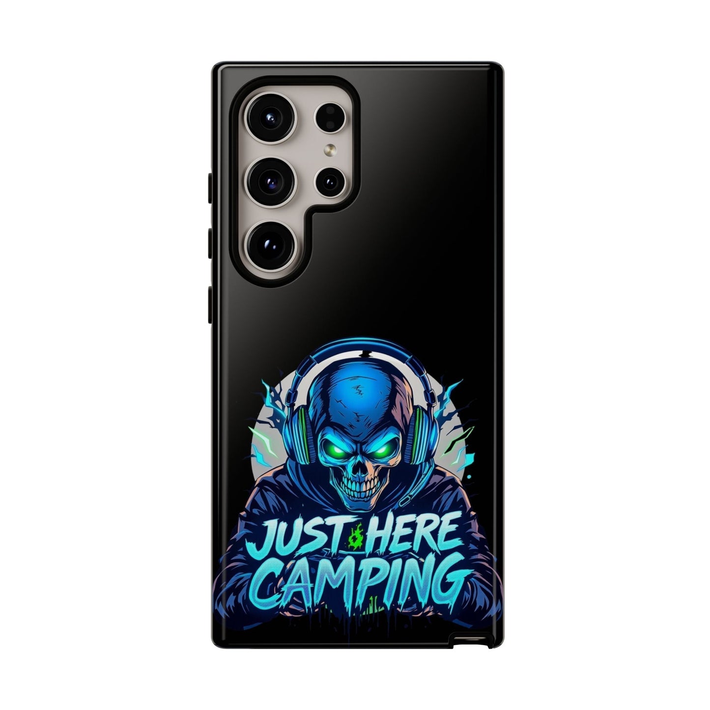 Samsung Tough Case for gaming enthusiasts with vibrant "Just Here Camping" skull design, durable protection for Galaxy S series phones