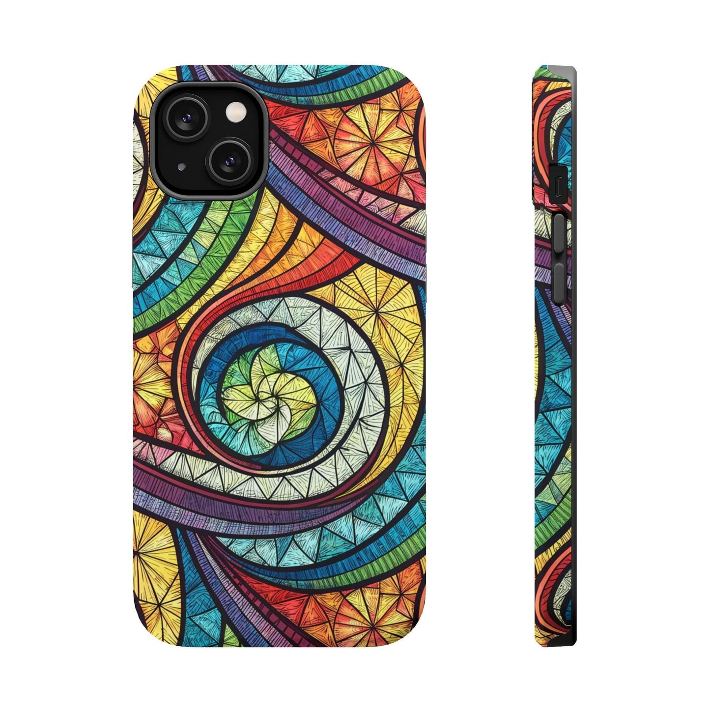 Colorful stained glass inspired rainbow swirl design iPhone case with durable dual-layer protection and MagSafe compatibility