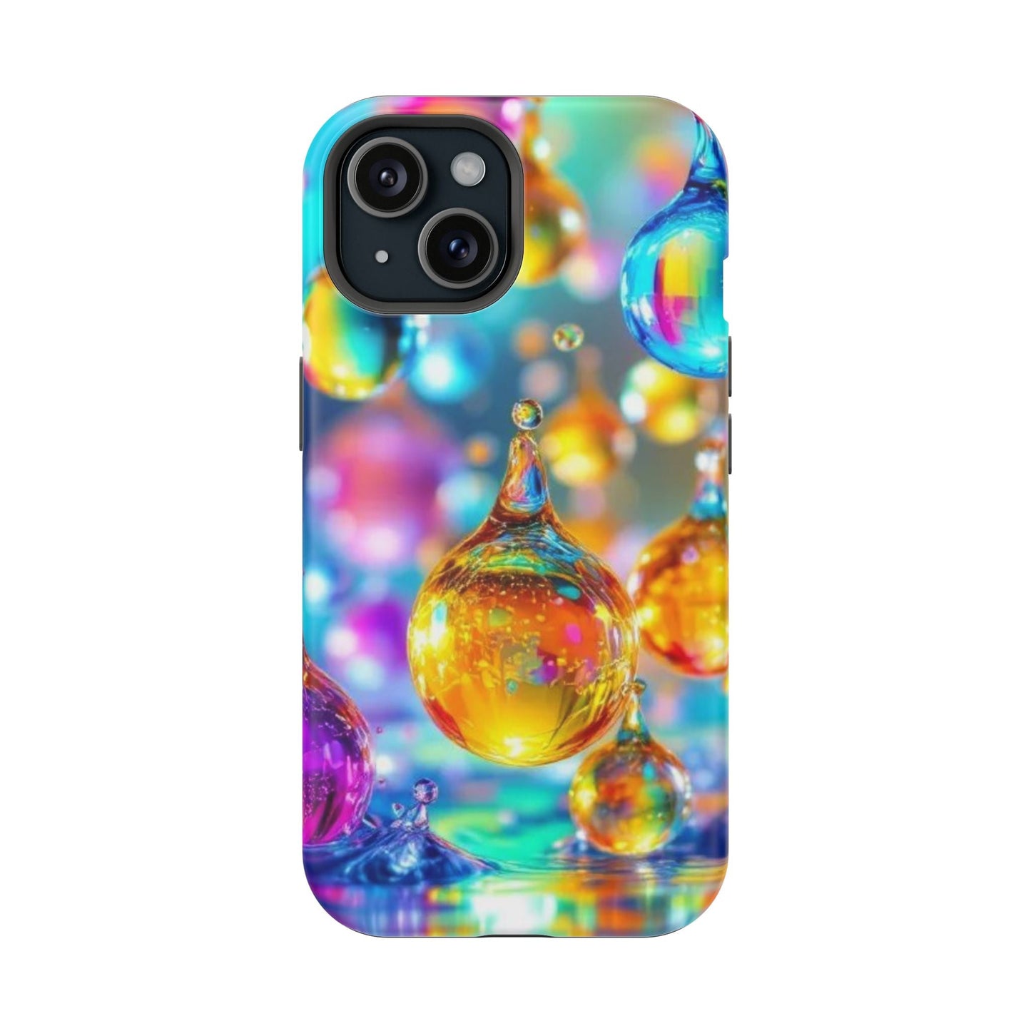 iPhone tough case with colorful golden raindrop design and built-in MagSafe magnet