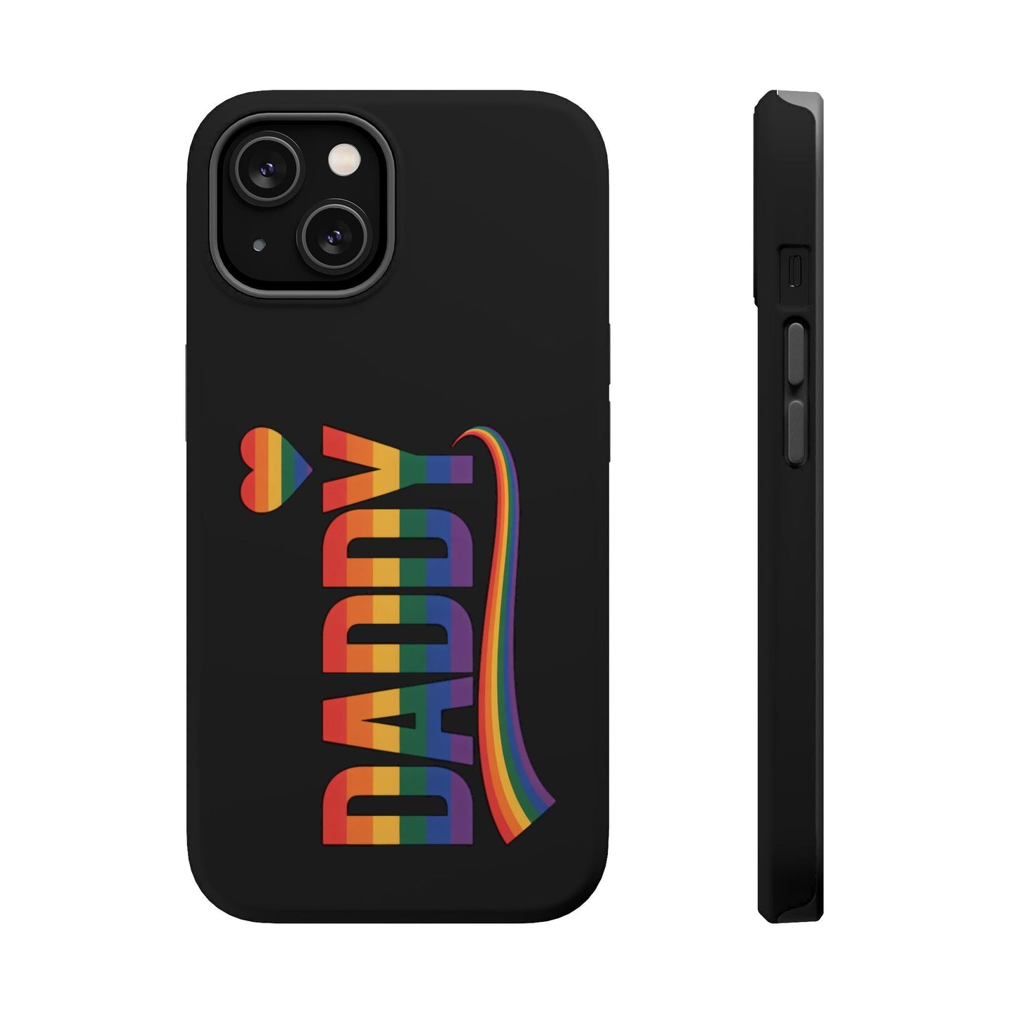 Black iPhone case with rainbow "DADDY" text and heart, MagSafe compatible, durable protective design.
