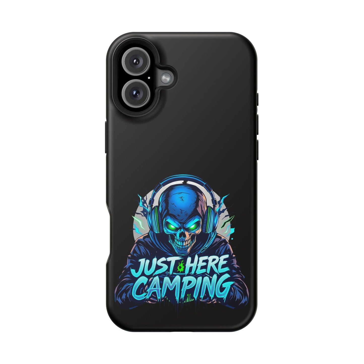 Black iPhone tough case with vibrant "Just Here Camping" gamer skull design and built-in MagSafe magnet.