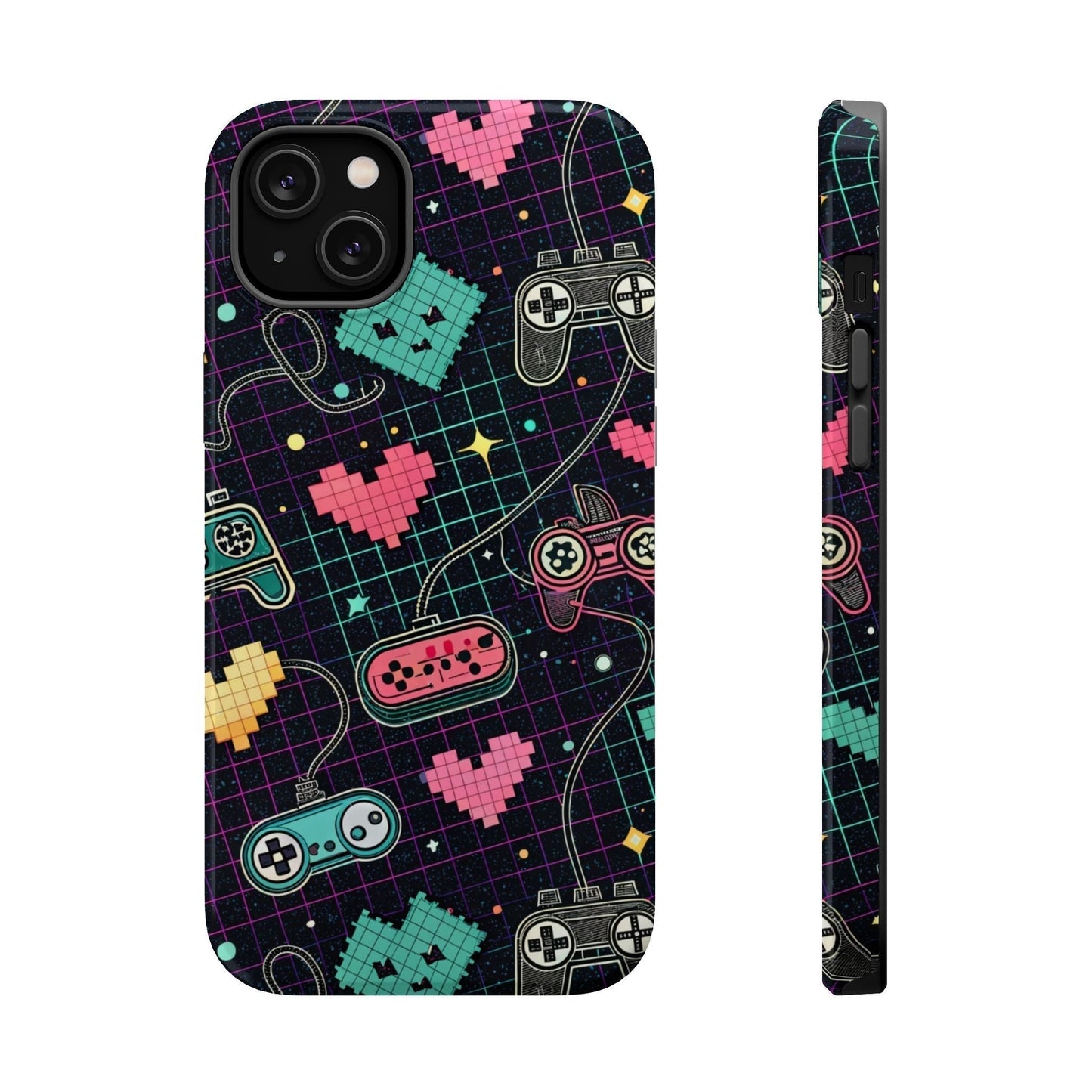 Retro Gamer Inspired iPhone case with colorful pixelated hearts and game controllers on black grid background, dual-layer durable design with MagSafe compatibility.