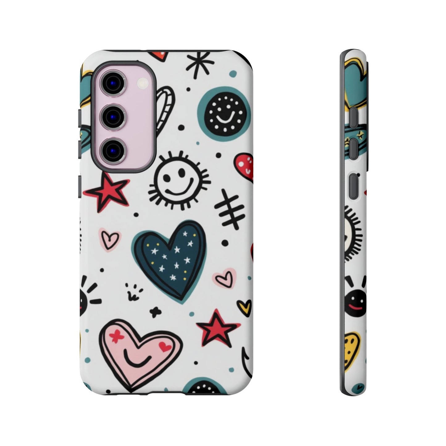 Samsung Tough Phone Case with playful smiles and hearts design, shock-absorbent and durable for Galaxy S series models