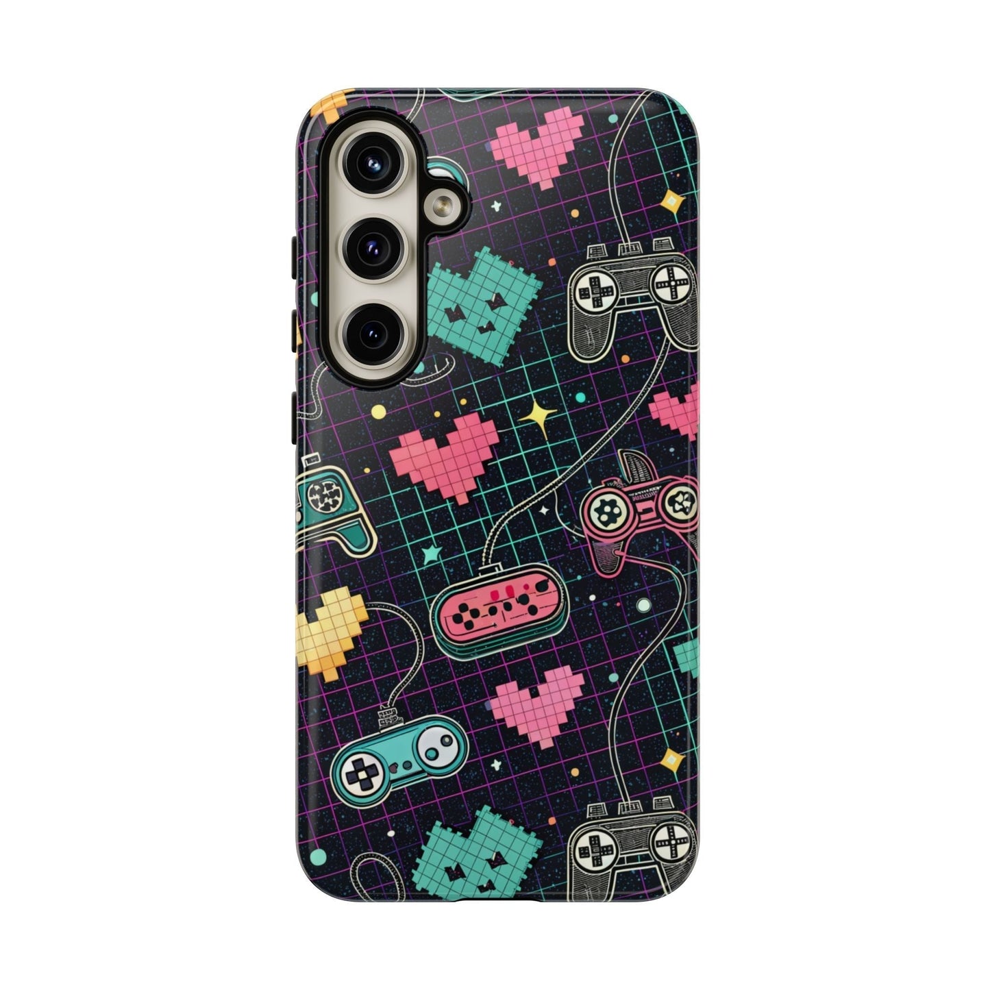 Samsung Galaxy phone case with retro gamer controllers and pixel hearts design, durable tough protective cover
