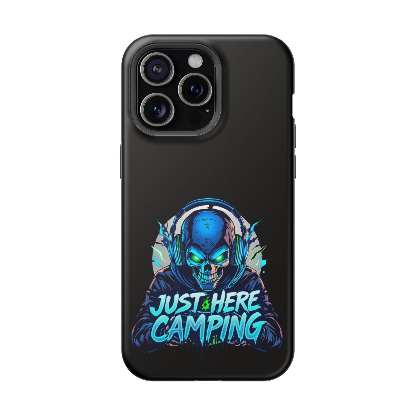 Durable iPhone case with Just Here Camping Gamer design featuring a blue skull gamer illustration and built-in MagSafe magnet.
