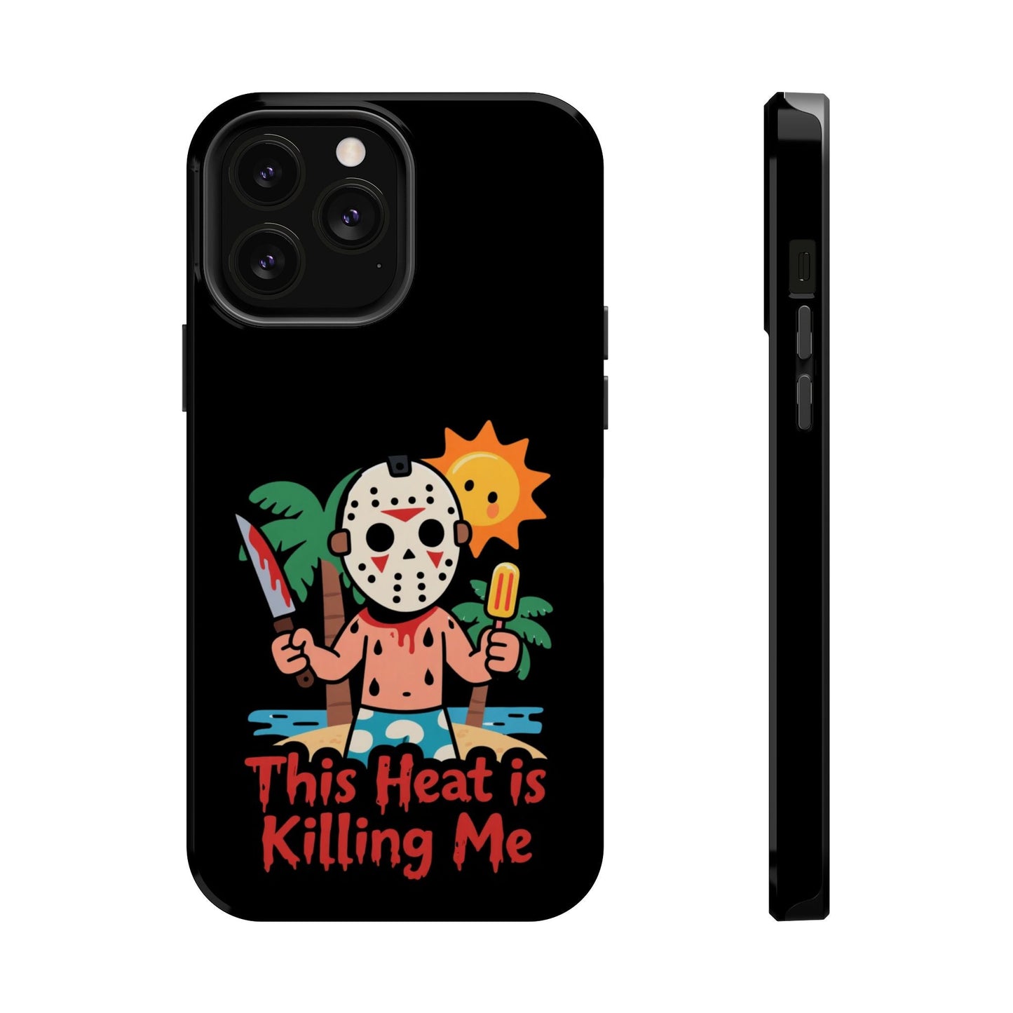 Funny "This Heat is Killing Me" summerween inspired tough iPhone case with cartoon masked character, sun, and palm trees design.