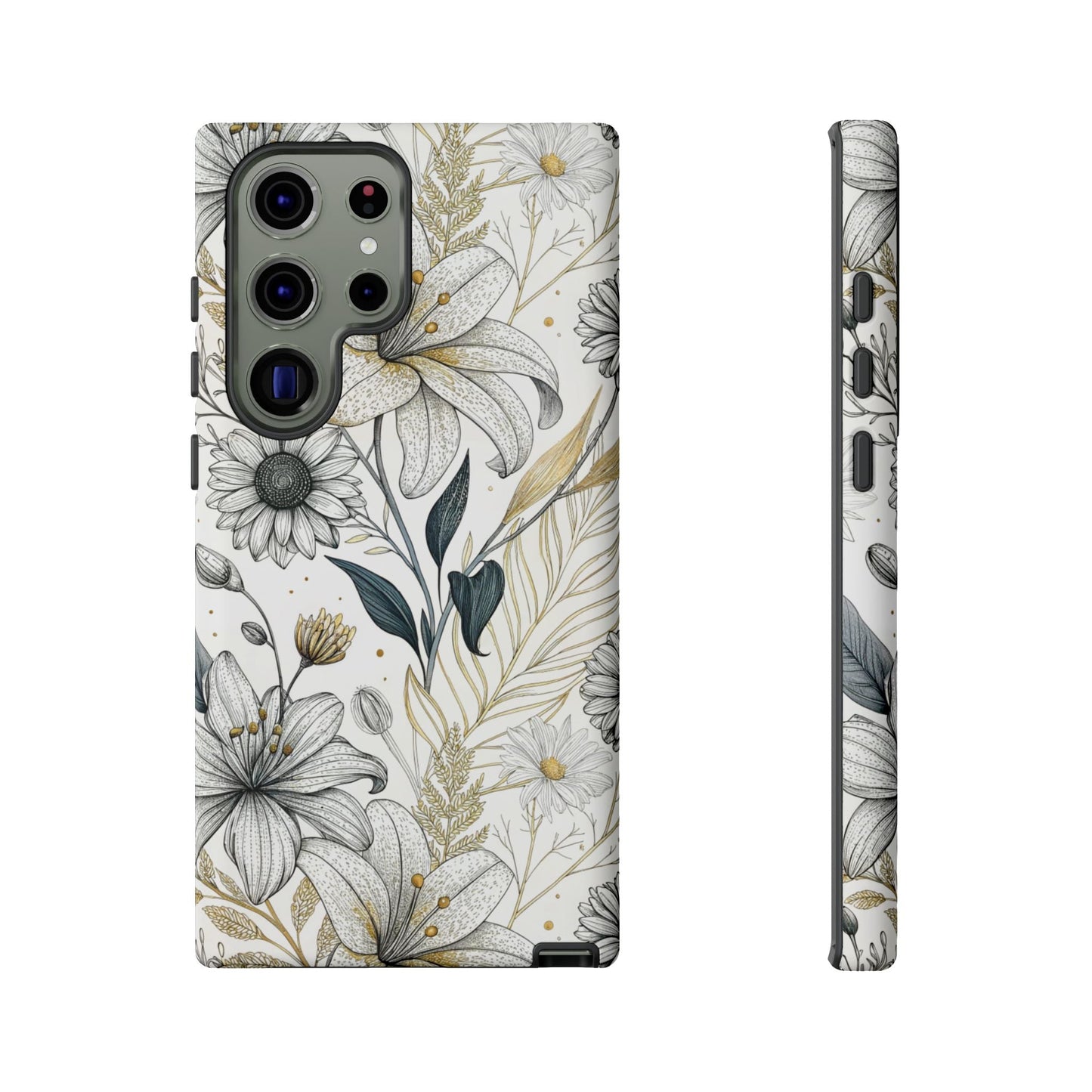 Samsung tough phone case with minimalist golden leaf and floral design, offering durable protection and stylish look