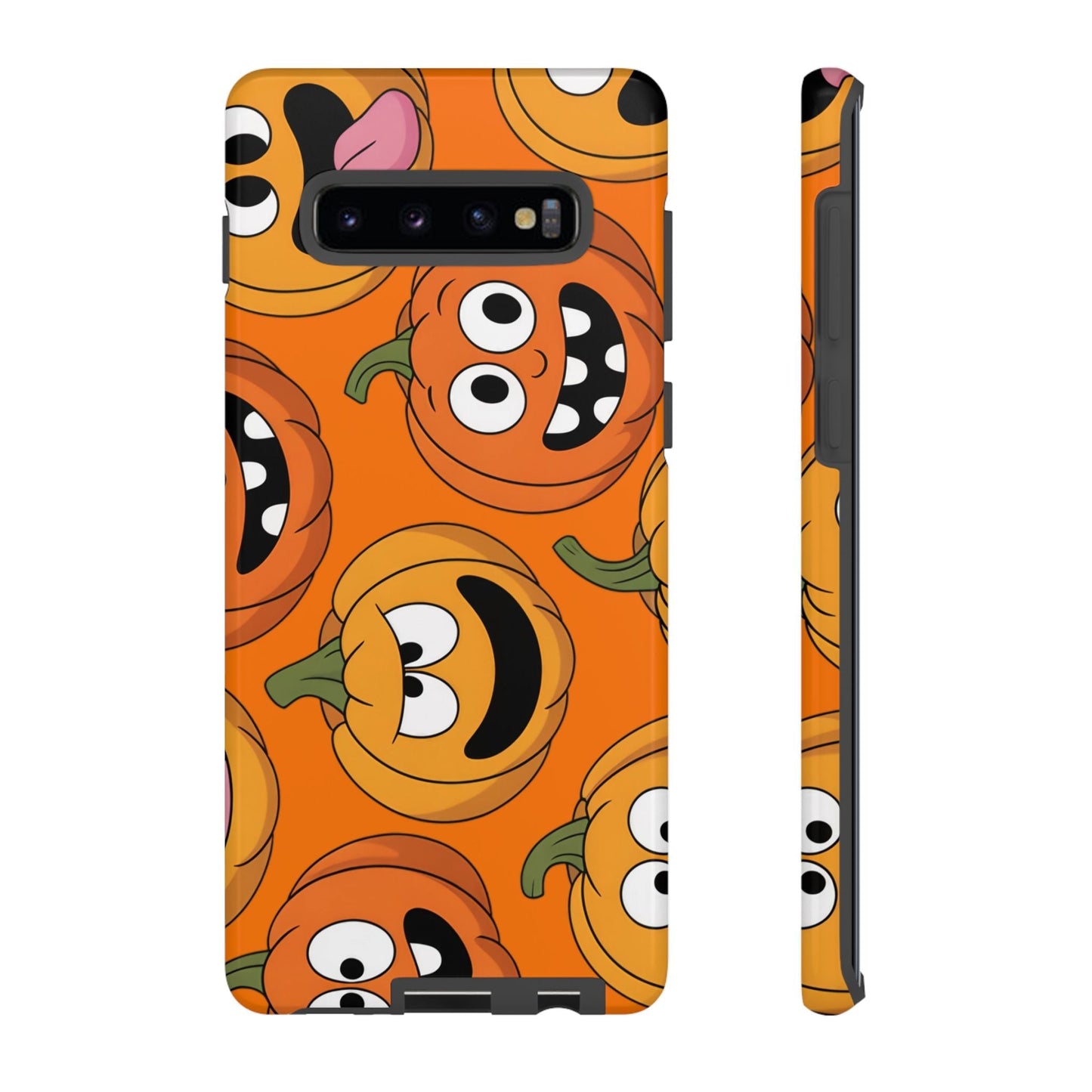 Samsung tough case with moody Halloween pumpkin faces design for Samsung Galaxy phones, durable and impact-resistant.