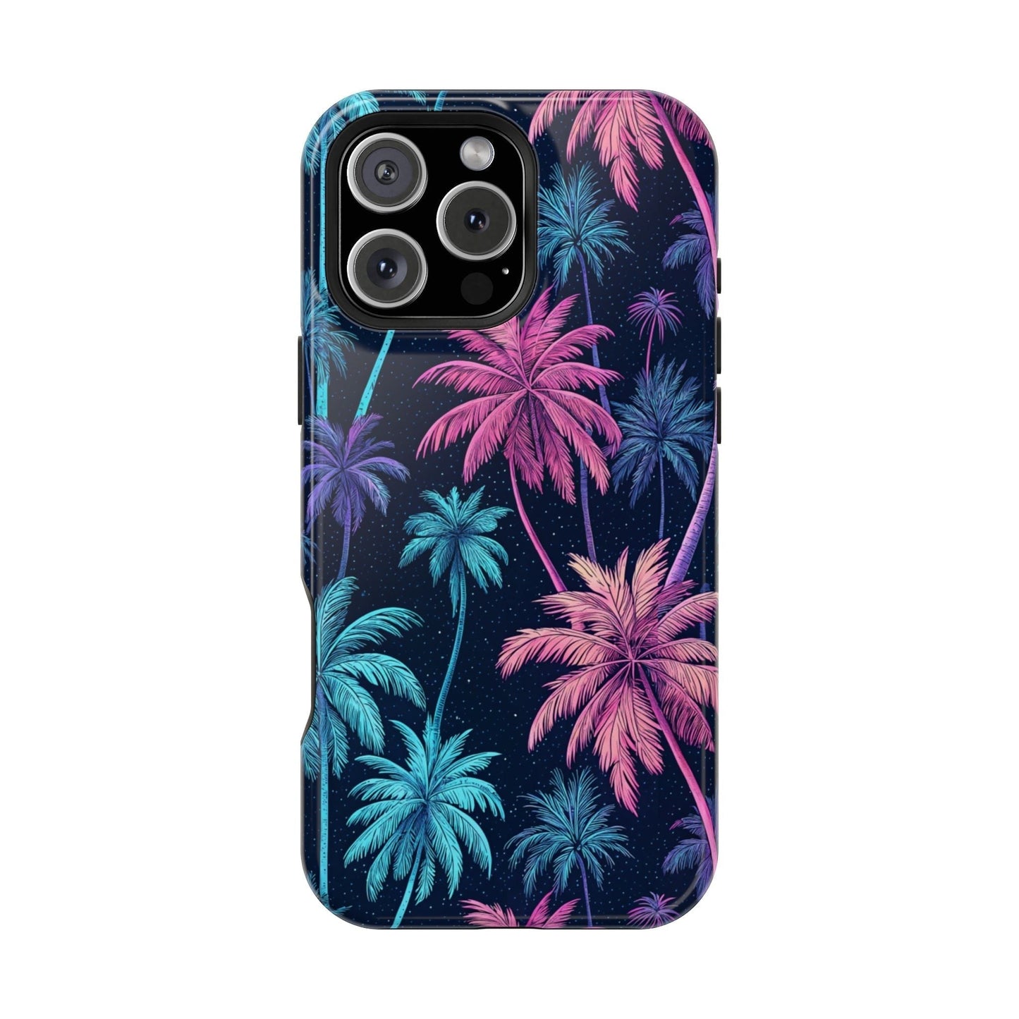 iPhone case with vibrant neon palm trees design, MagSafe compatible, dual-layer protective shell