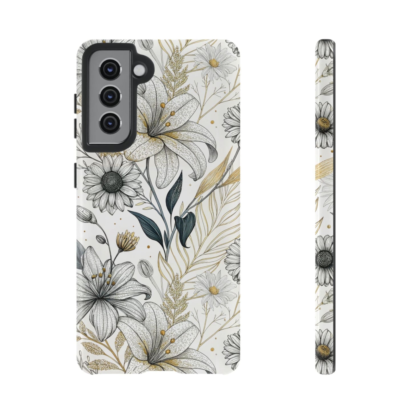 Samsung tough phone case with golden leaf minimalist floral design and durable protection