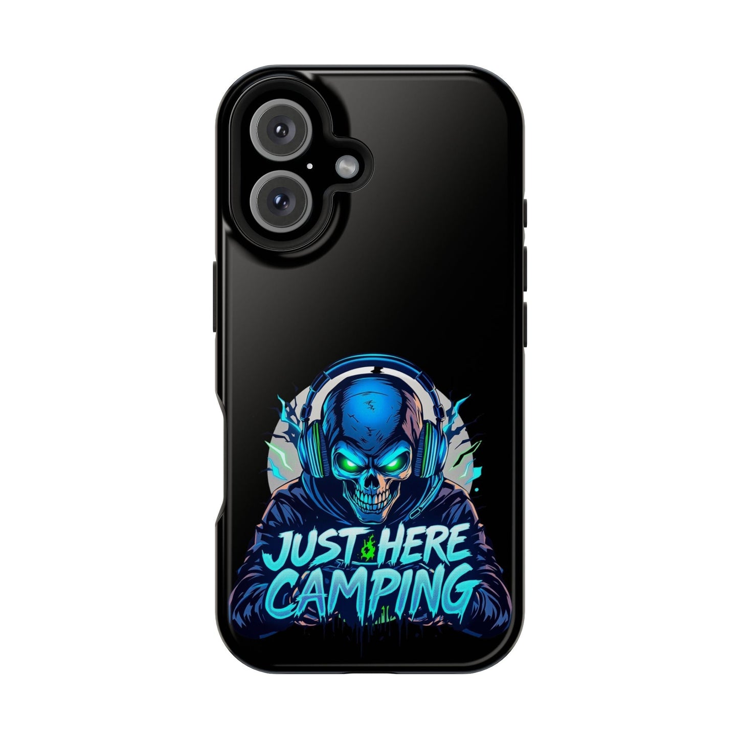 Durable iPhone case with Just Here Camping Gamer skull design in vibrant colors and MagSafe compatibility.