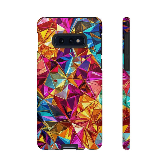 Vibrant rainbow foil geometric design Samsung tough phone case with durable impact resistance.