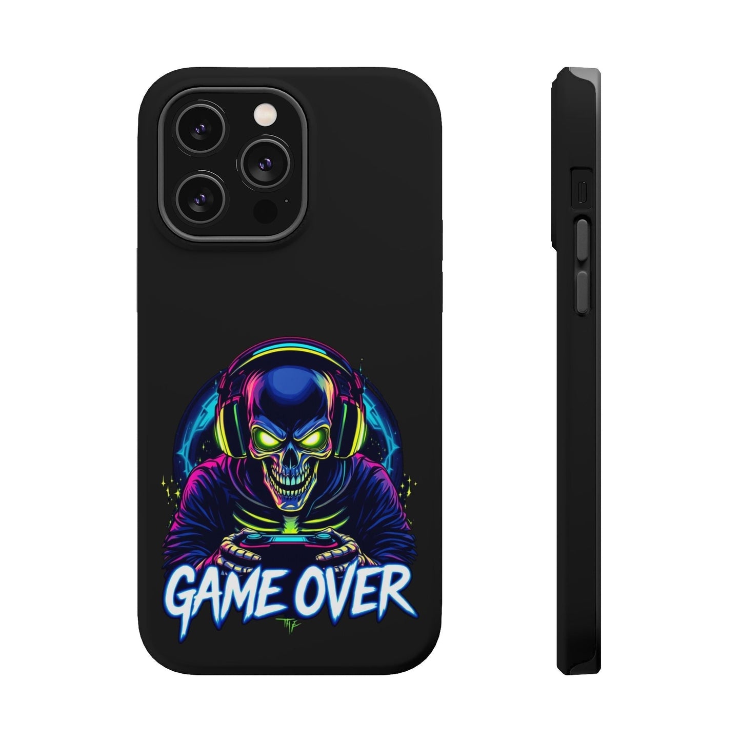 Game Over Gamer iPhone tough case with vibrant skull DJ artwork, durable dual-layer protection, and MagSafe compatible design.
