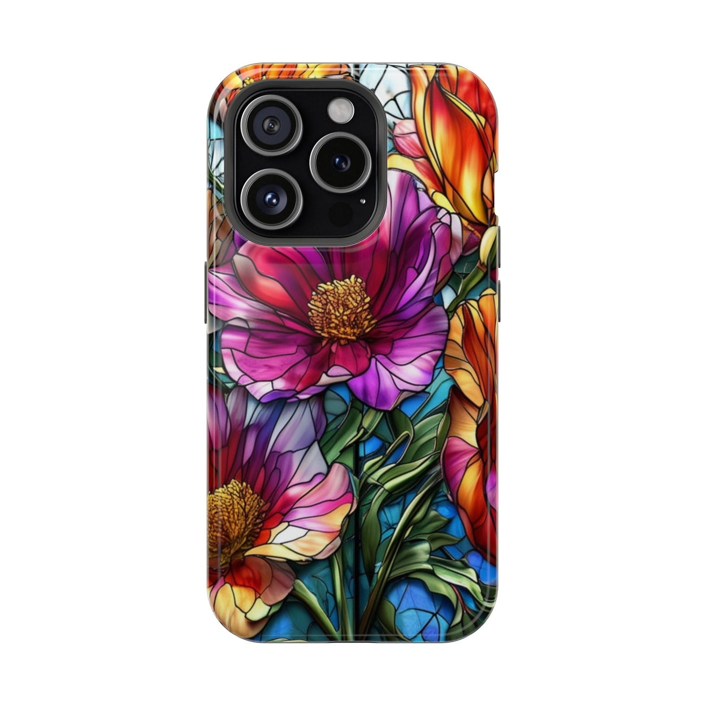 Vibrant purple flower iPhone case with detailed colorful floral design and durable protective construction