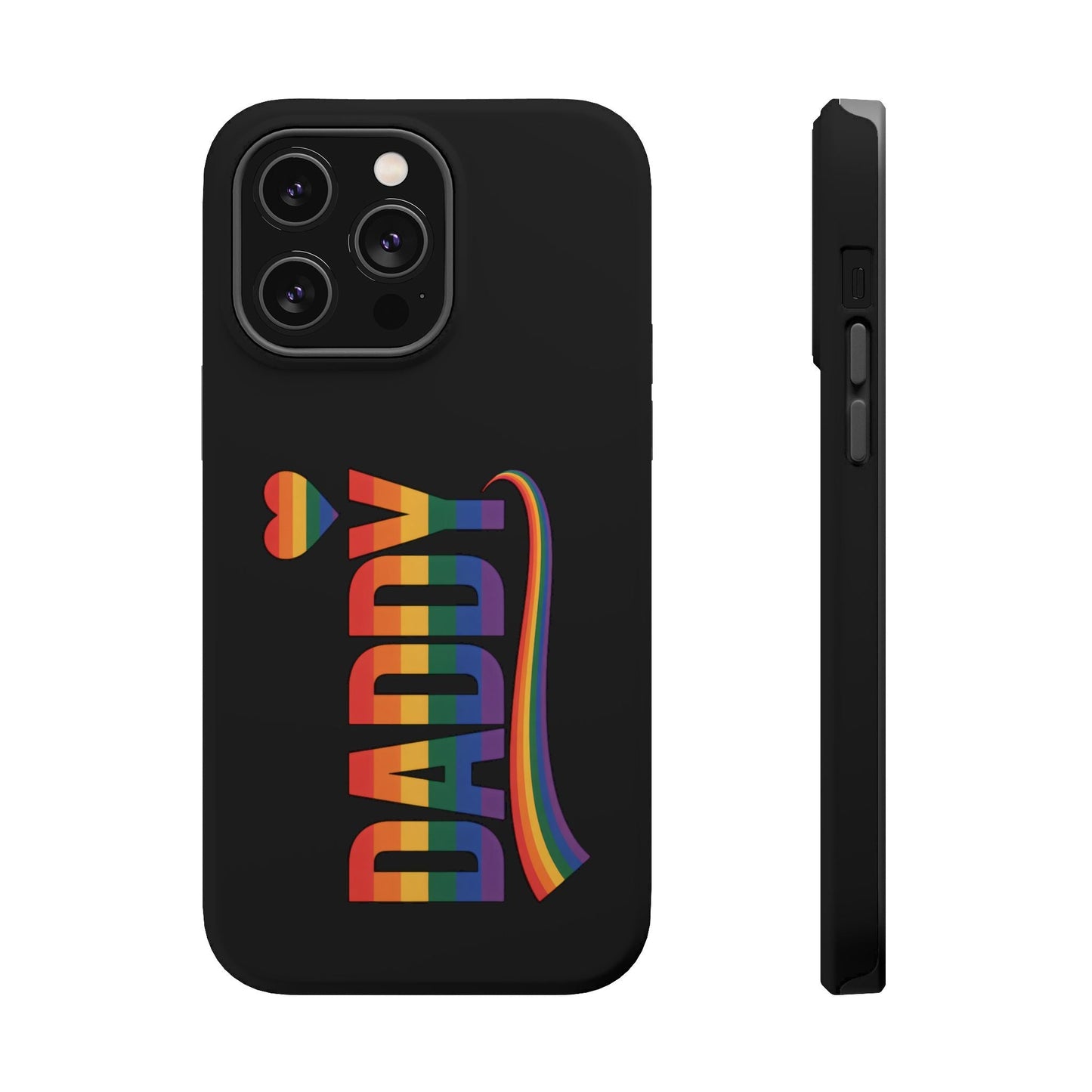 Black iPhone tough case with colorful Fun Daddy LGBT Daddy rainbow design and heart icon perfect for MagSafe accessories.