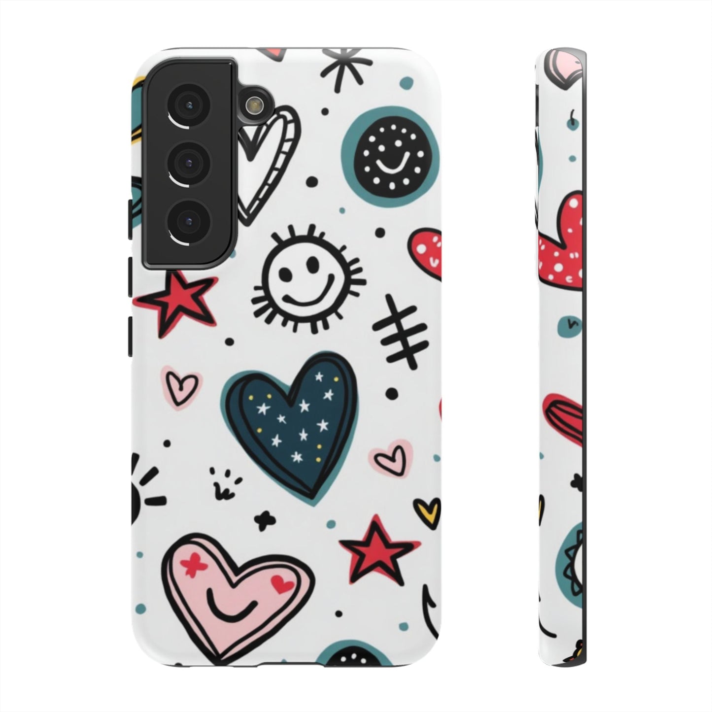 Smiles and Hearts Samsung tough phone case with playful heart and smiley design, shock-absorbent and durable for Galaxy S21 series.
