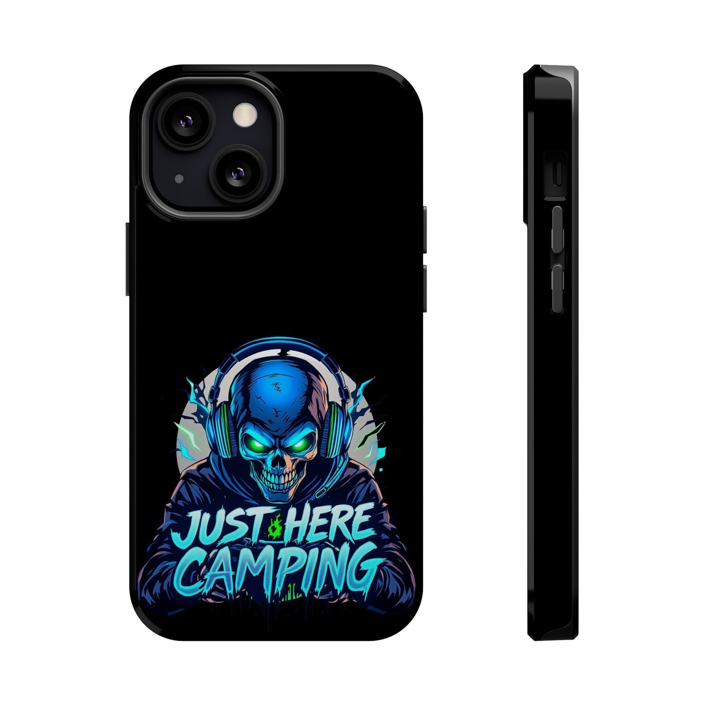 iPhone tough case with Just Here Camping Gamer design featuring a blue skull with headphones and vibrant colors, durable protective dual-layer construction and MagSafe magnet.